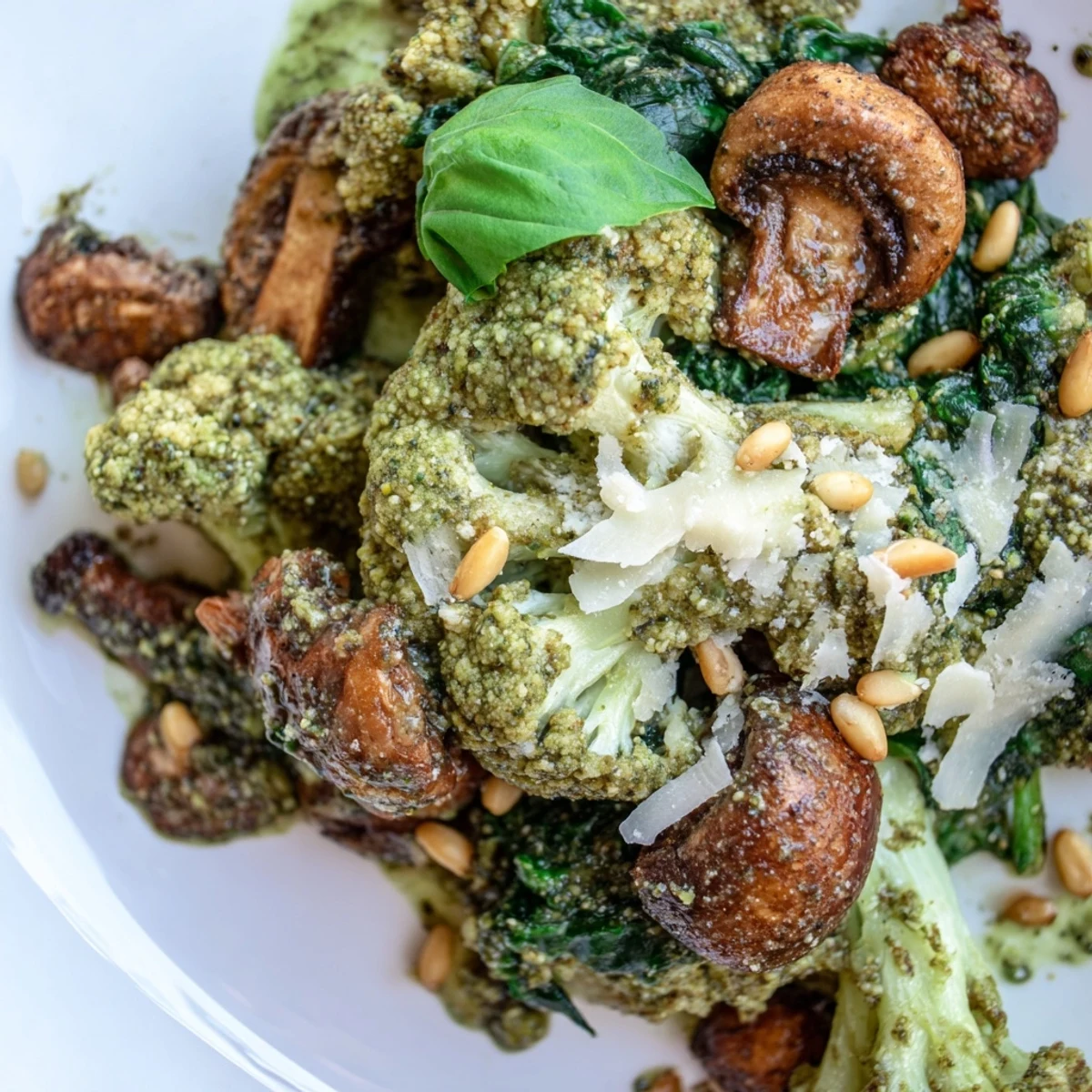 Sizzling pan of tender pesto mushroom and spinach cauliflower skillet topped with grated Parmesan cheese