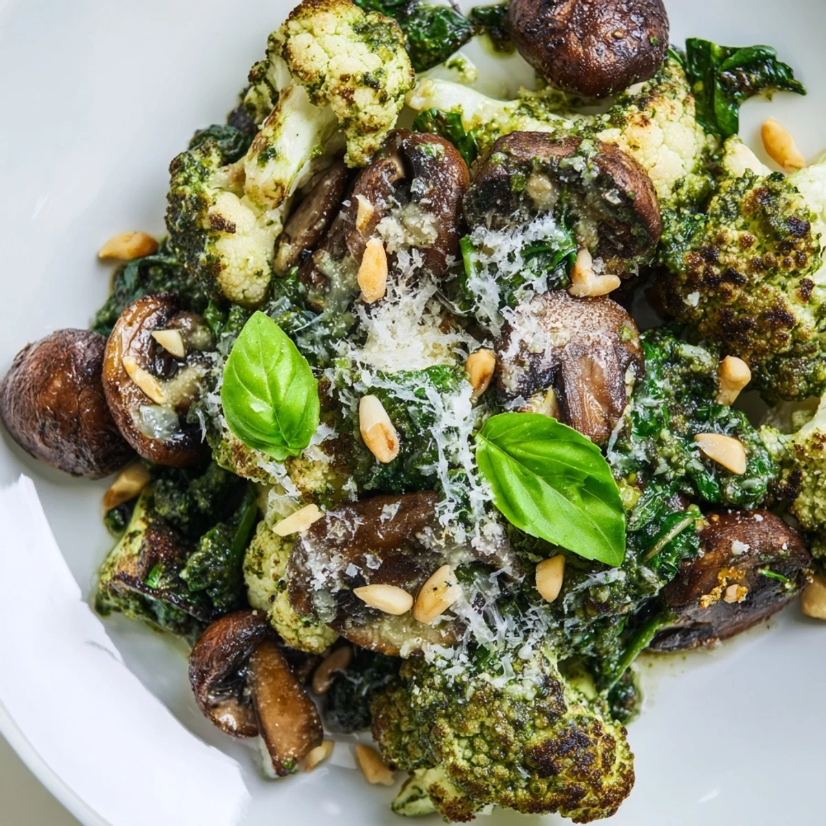 Colorful low-carb pesto mushroom and spinach cauliflower skillet served piping hot with fresh basil garnish