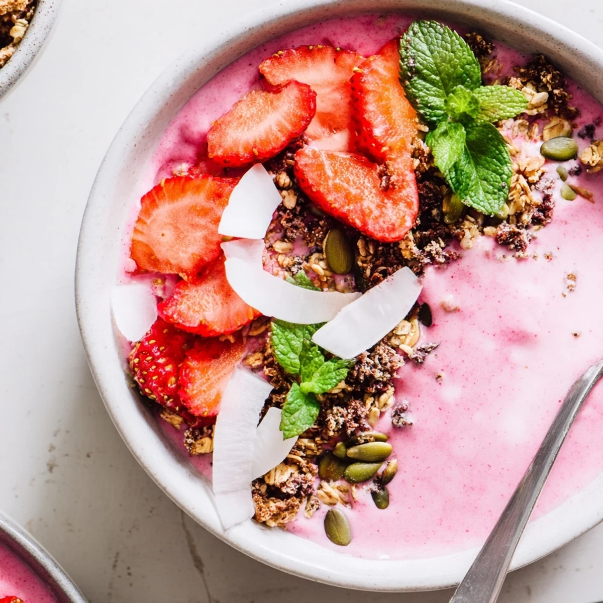 Vibrant breakfast bowl featuring creamy strawberry coconut protein blend with colorful healthy toppings