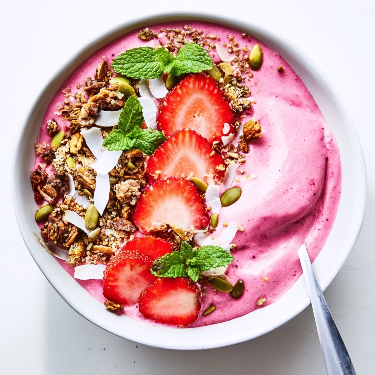 Spoon ready to scoop layered strawberry coconut protein smoothie bowl with fresh strawberry garnish
