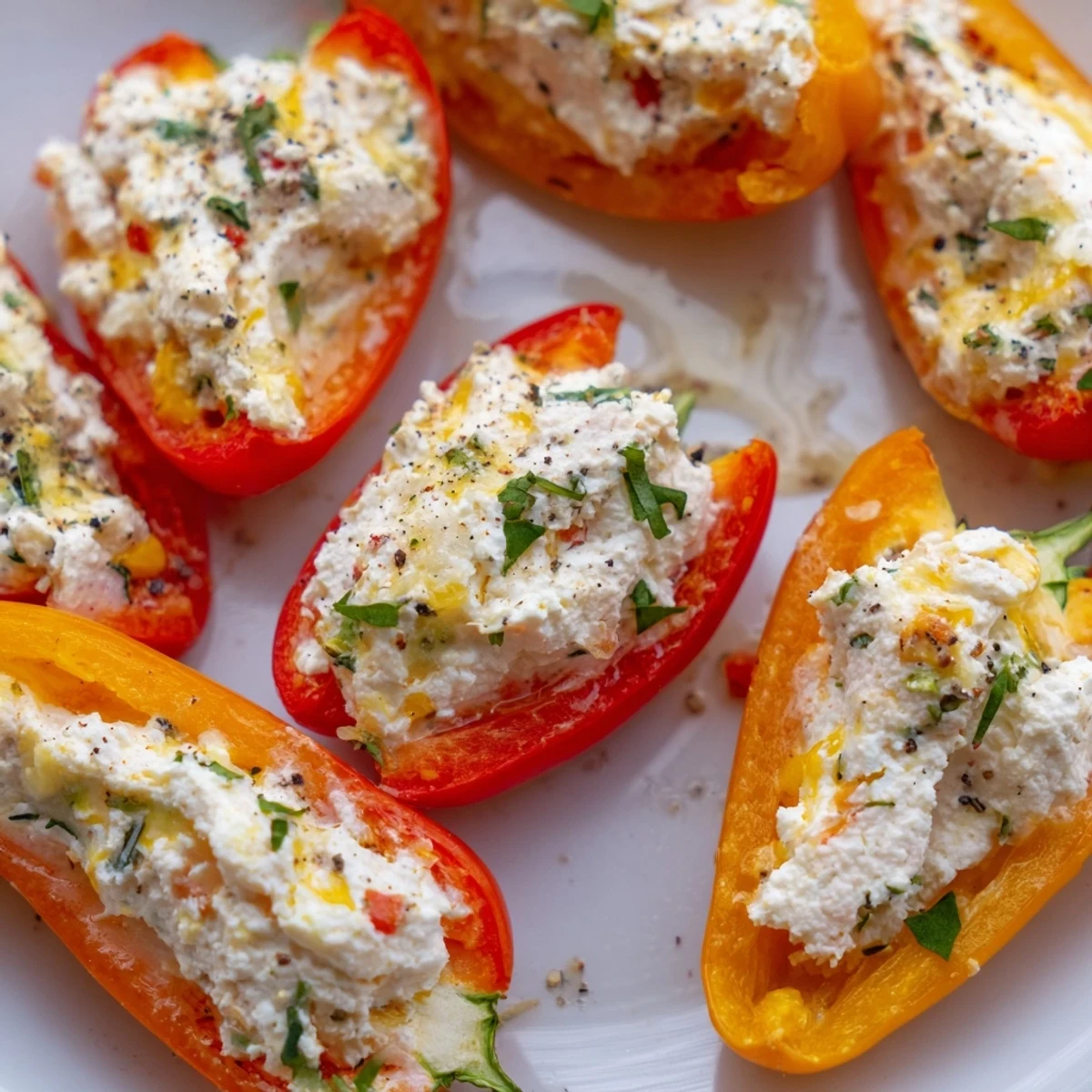 Vibrant red mini peppers stuffed with creamy whipped cottage cheese and herb appetizer