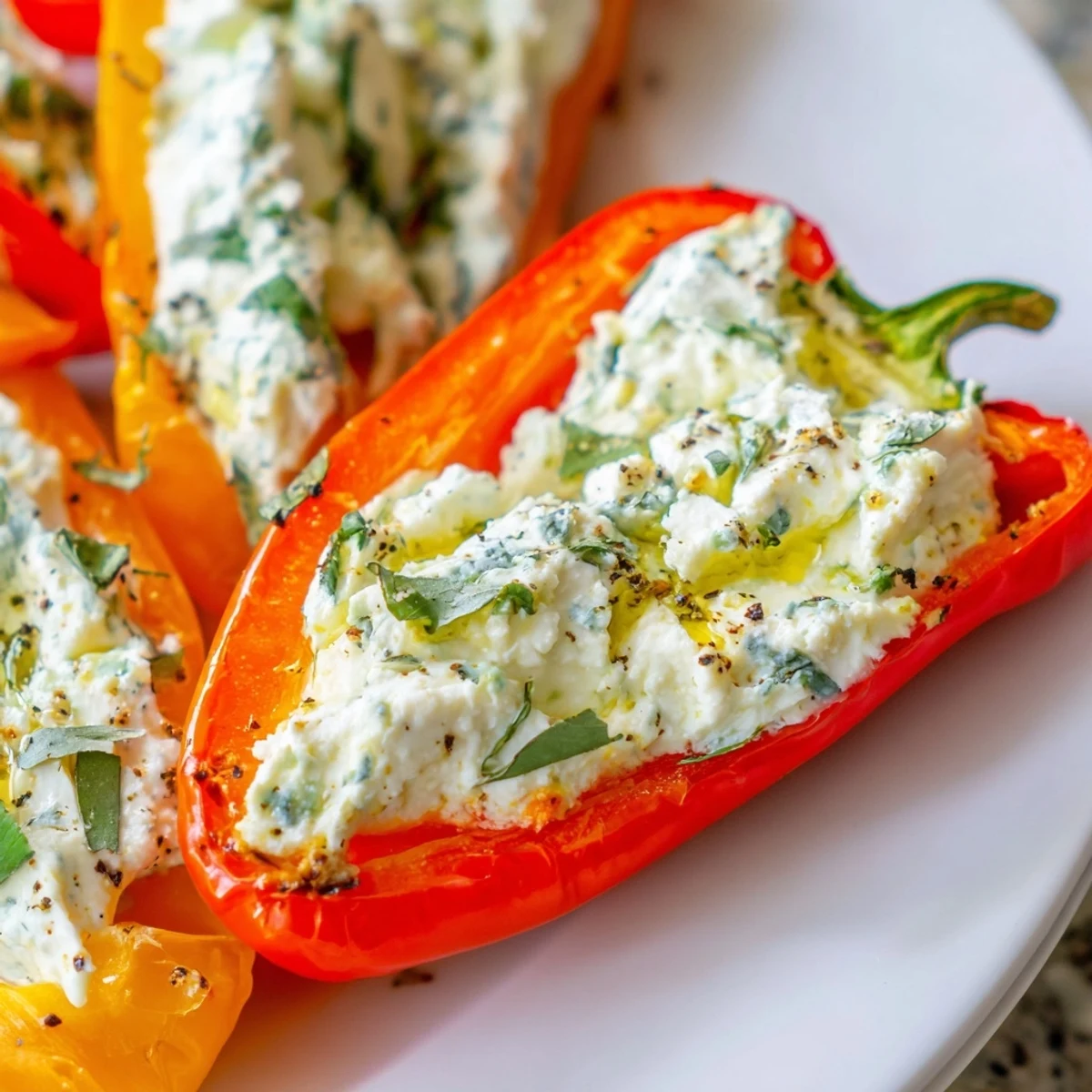 Fresh herb whipped cottage cheese filled mini peppers arranged on white serving platter