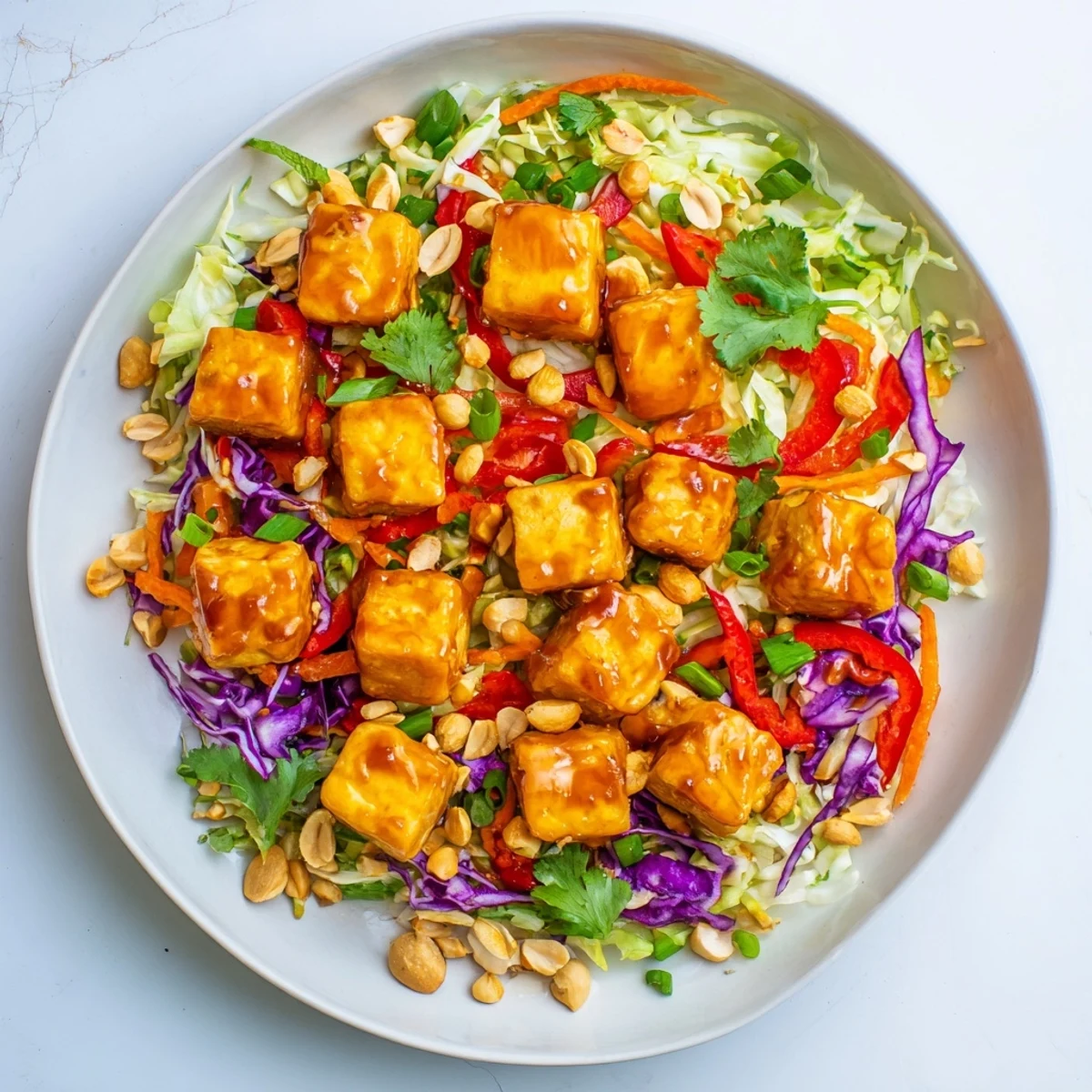 Crispy tofu cubes coated in spicy garlic chili sauce over crunchy purple cabbage peanut slaw