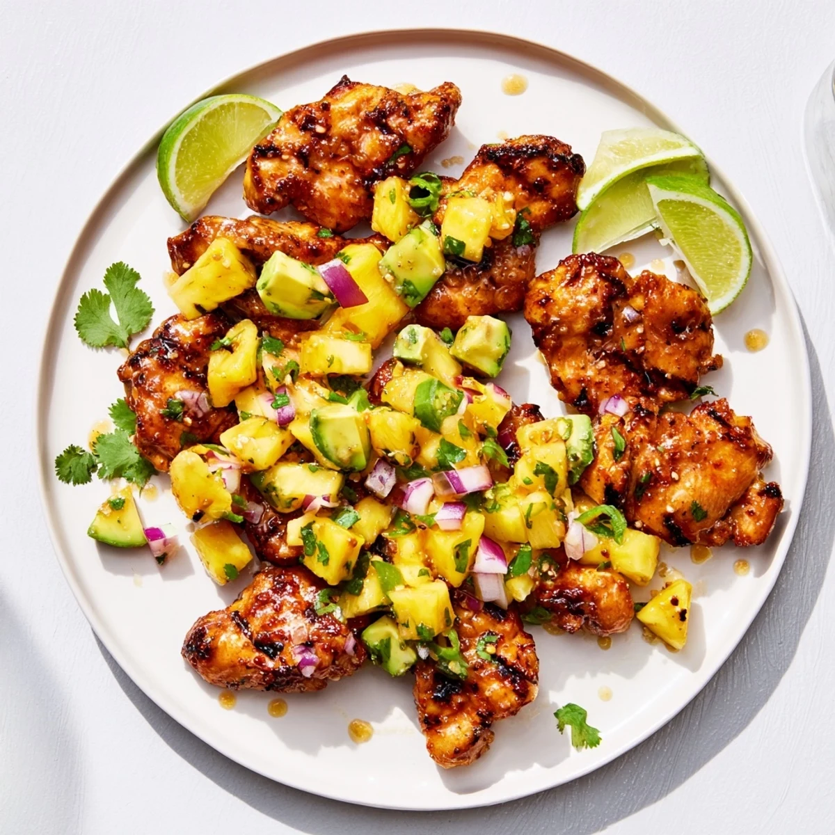 Golden grilled pineapple chicken topped with creamy avocado salsa on a white plate