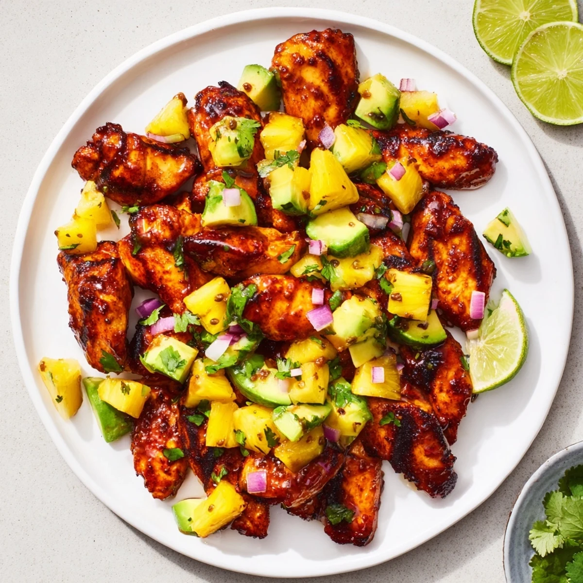 Summer grilled pineapple chicken dish garnished with lime wedges and green cilantro leaves