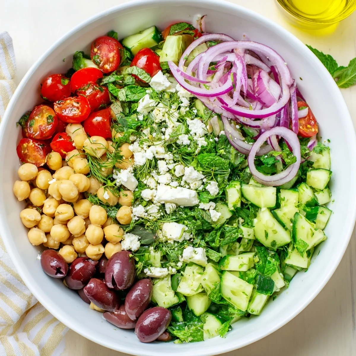 Fresh Mediterranean chickpea and cucumber herb bowl topped with crumbled feta and olives