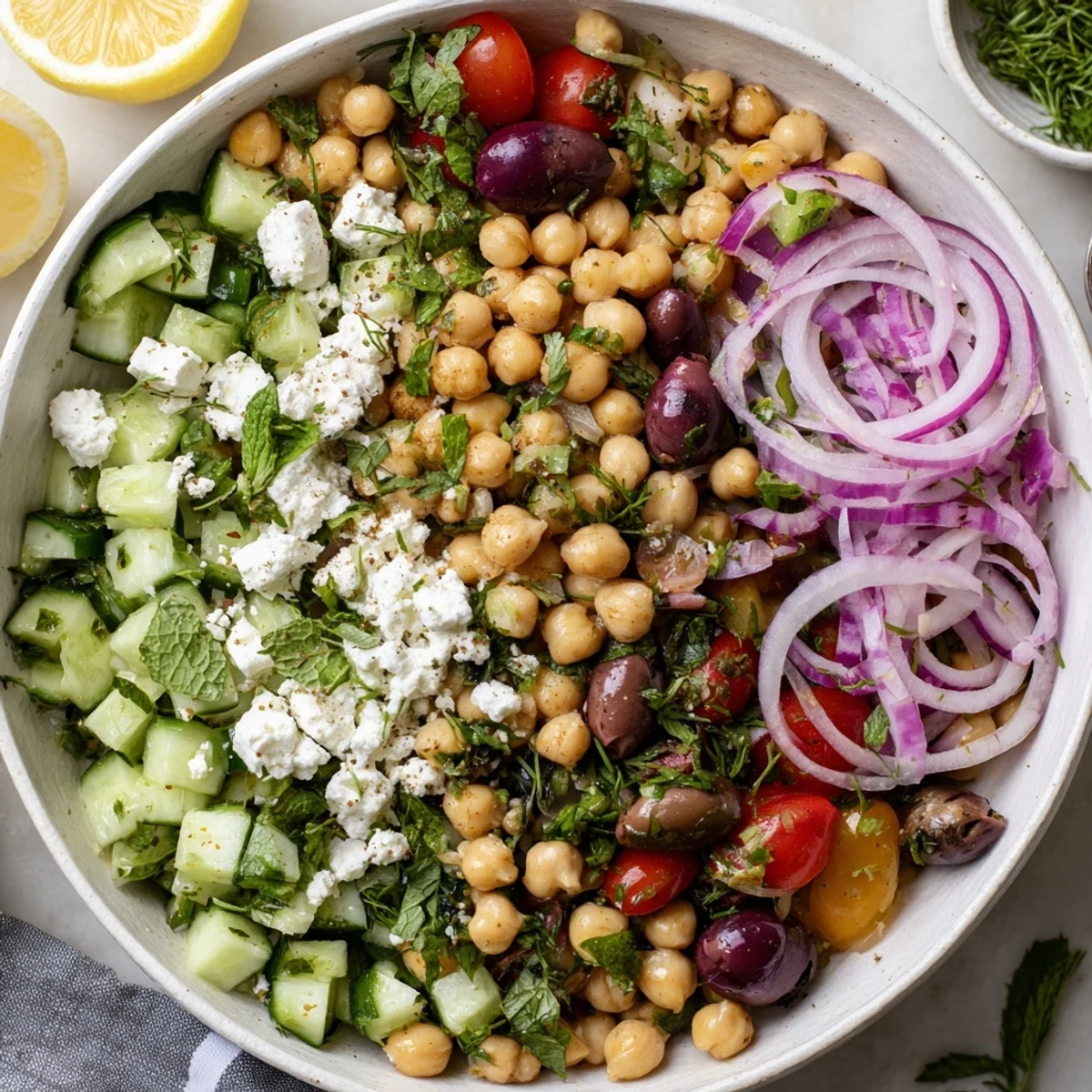 Colorful chickpea salad bowl with crisp cucumber, juicy tomatoes, and fresh herbs