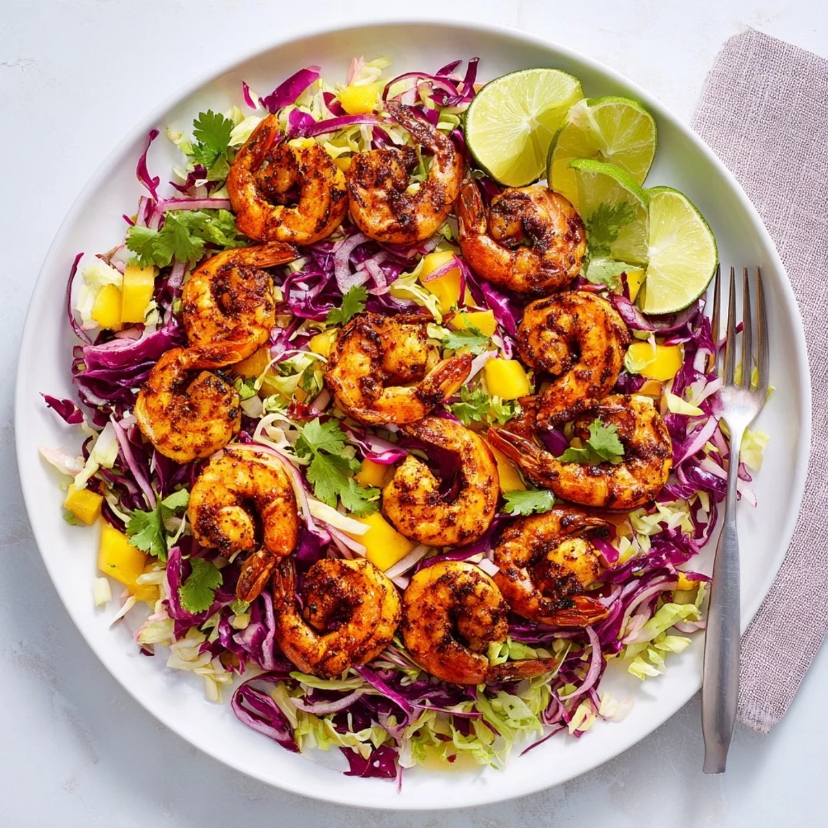 Spicy lime shrimp arranged over a vibrant mango cabbage slaw with fresh cilantro garnish