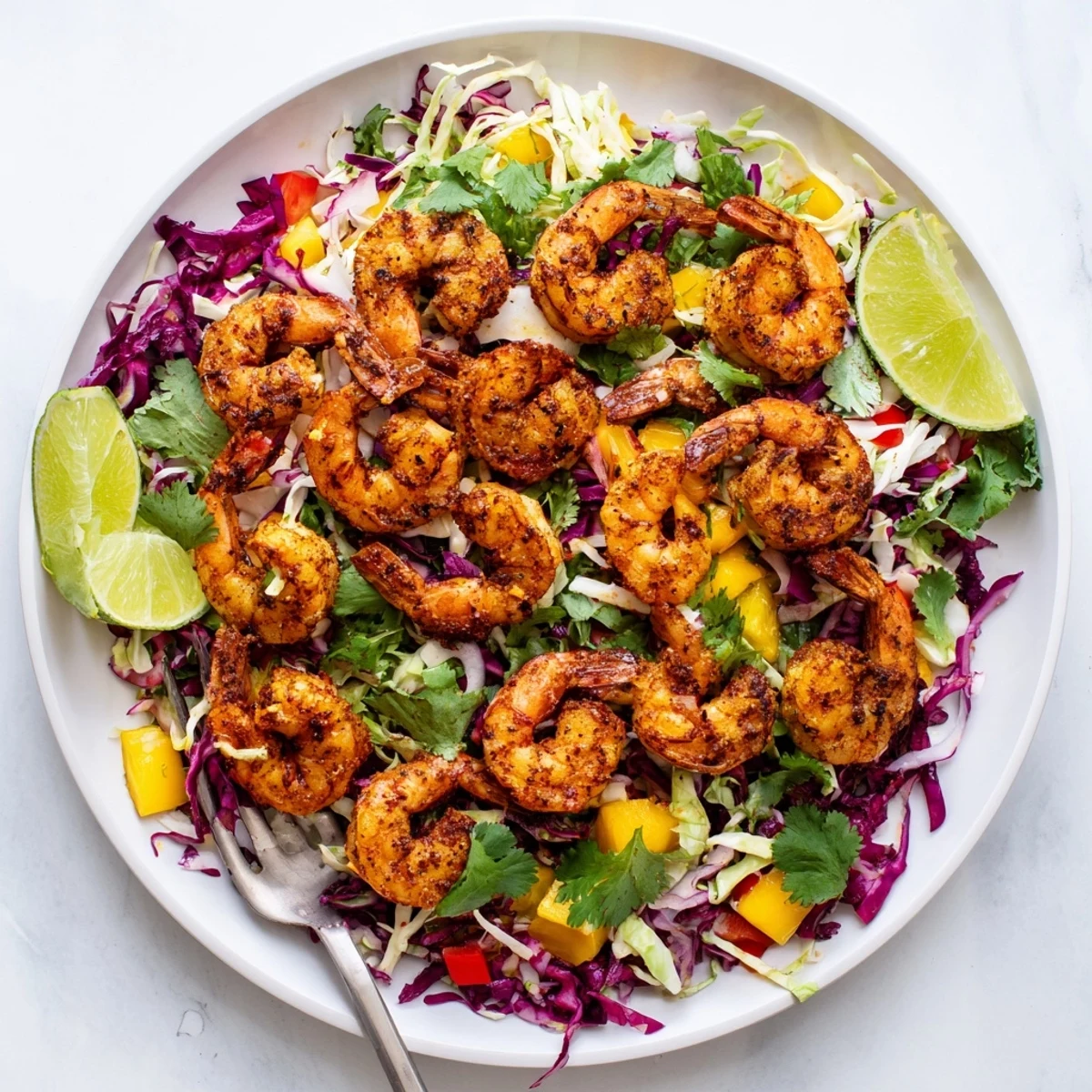 Juicy zesty shrimp atop crunchy purple and green cabbage slaw with sweet mango strips