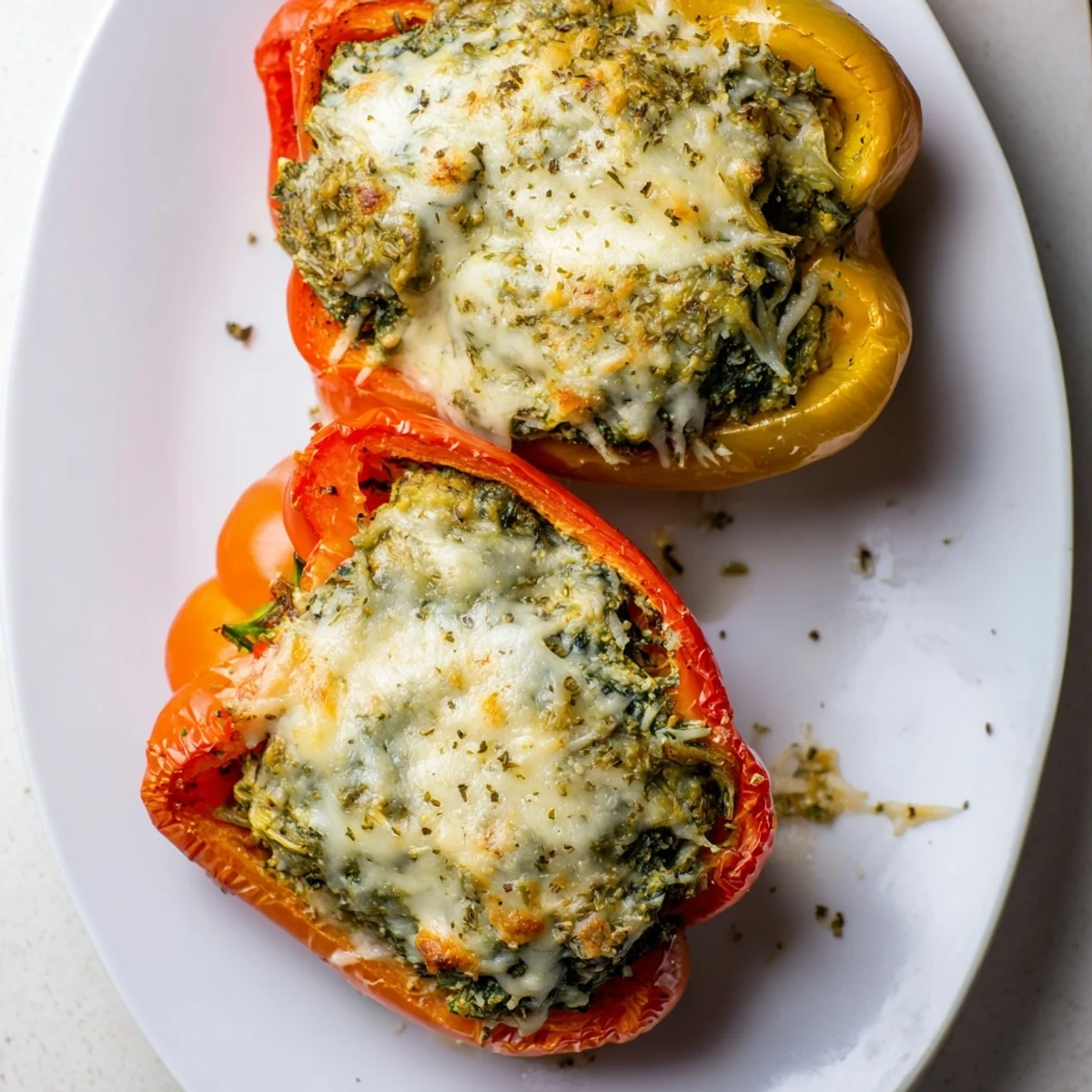 Close-up of tender bell peppers overflowing with creamy cottage cheese spinach artichoke filling fresh from oven