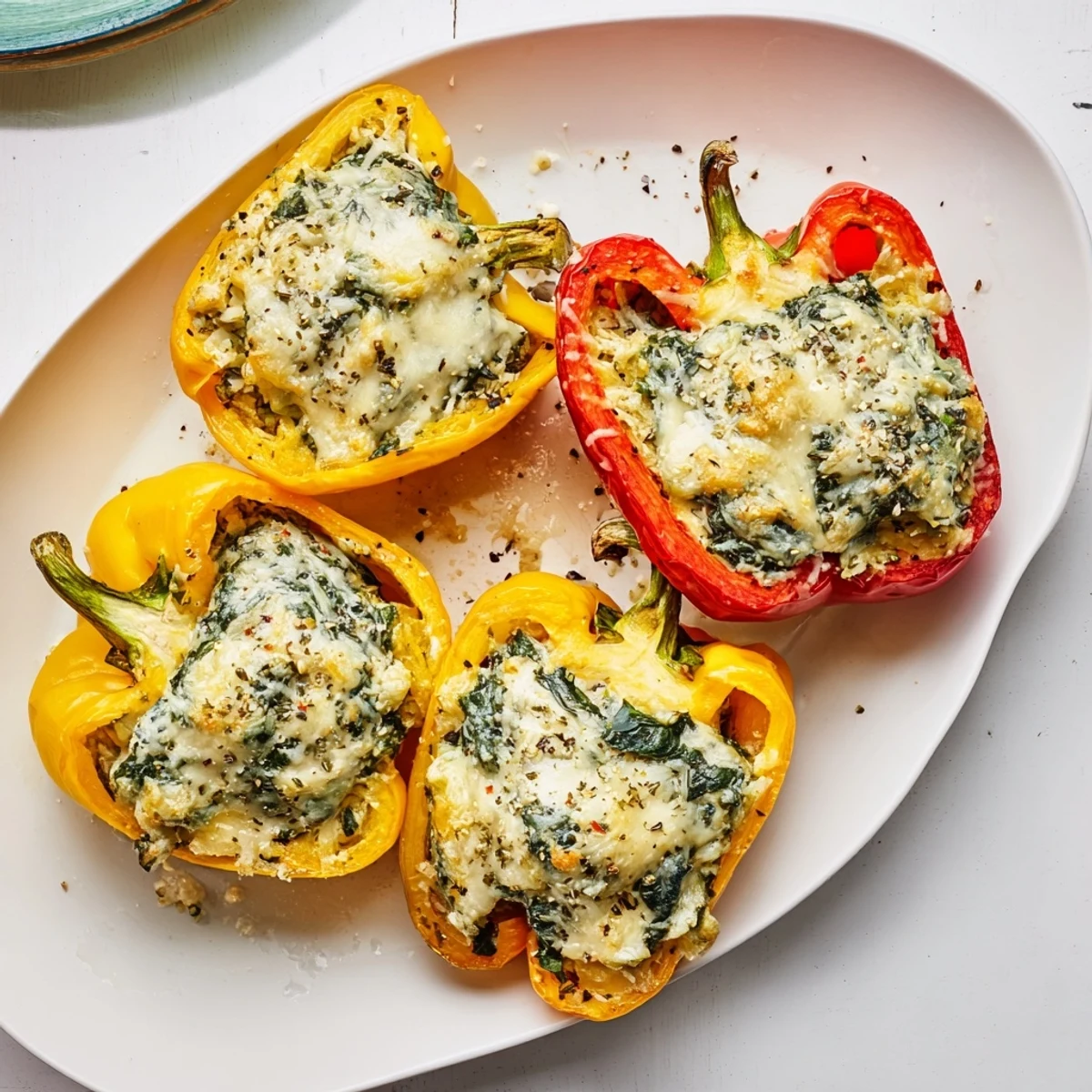 Golden baked cottage cheese spinach artichoke stuffed peppers with bubbling cheese topping on white plate