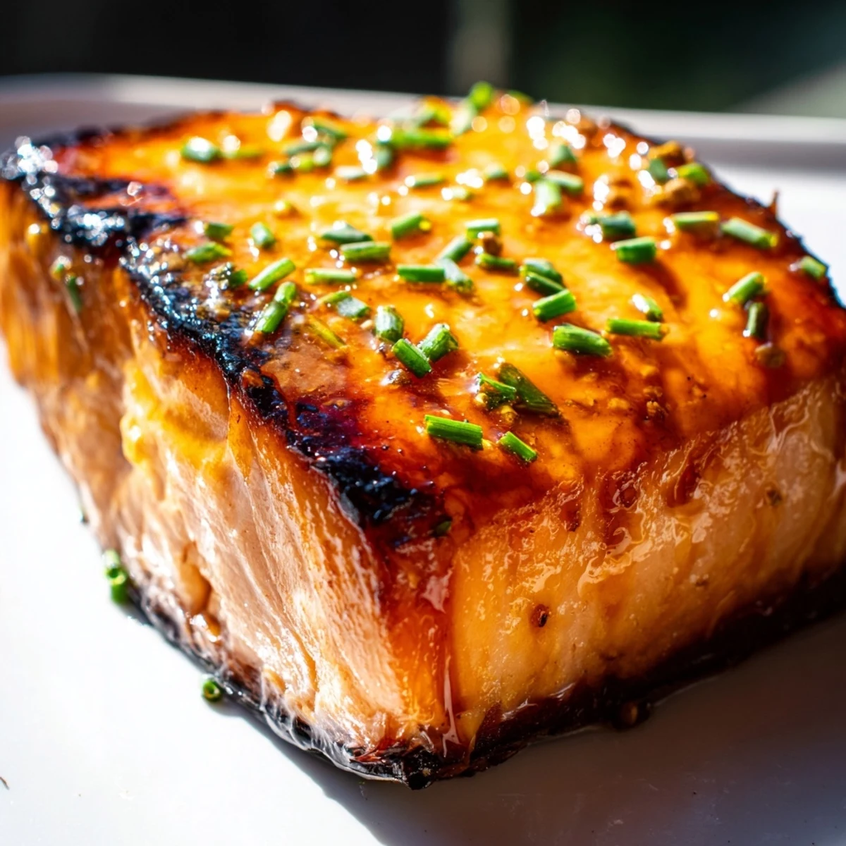 Caramelized miso butter salmon resting beside vibrant green beans sprinkled with sesame seeds and fresh spring onions