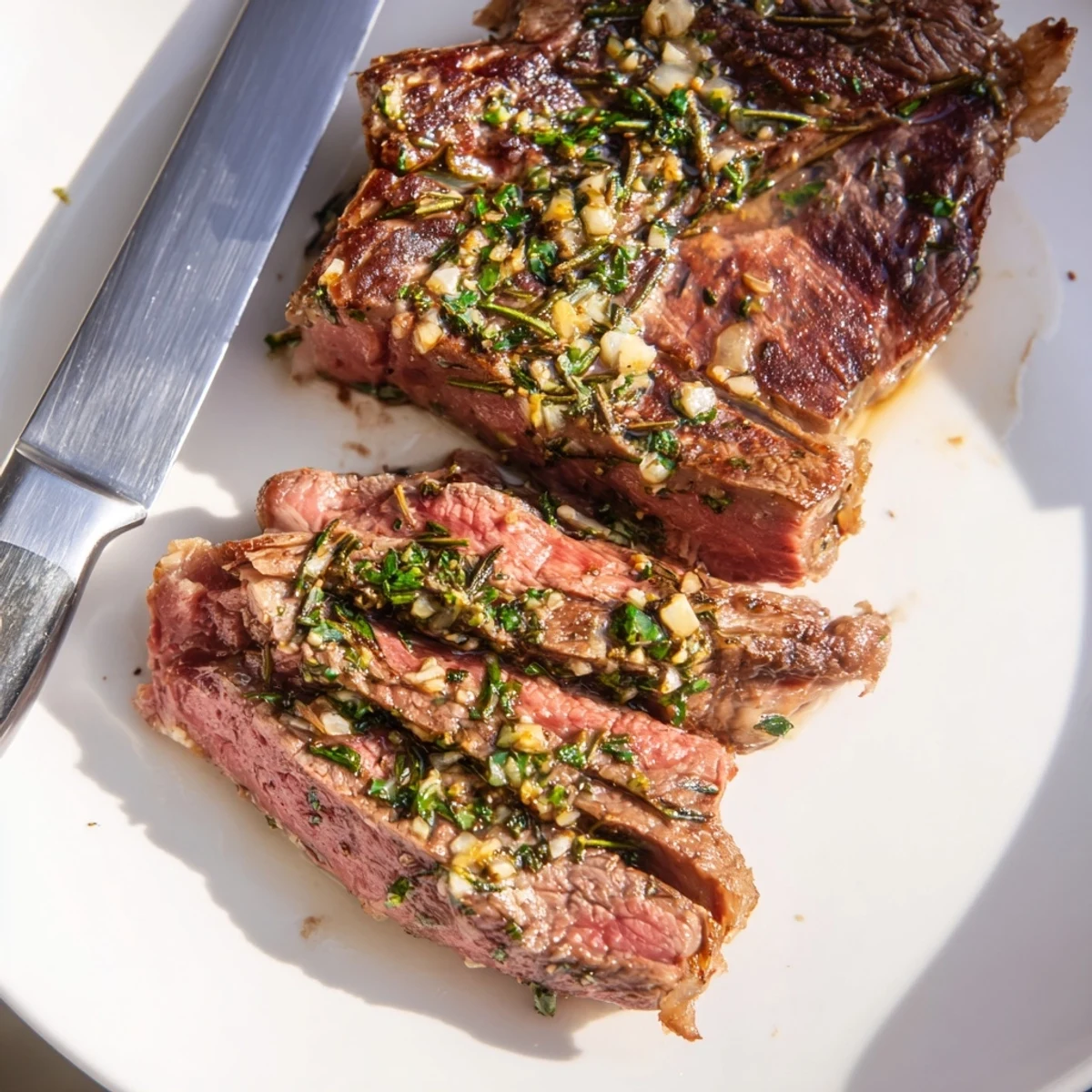 Perfectly cooked ribeye steak seasoned with rosemary and thyme, served on a rustic wooden board alongside tender roasted asparagus, baby carrots, and halved radishes.