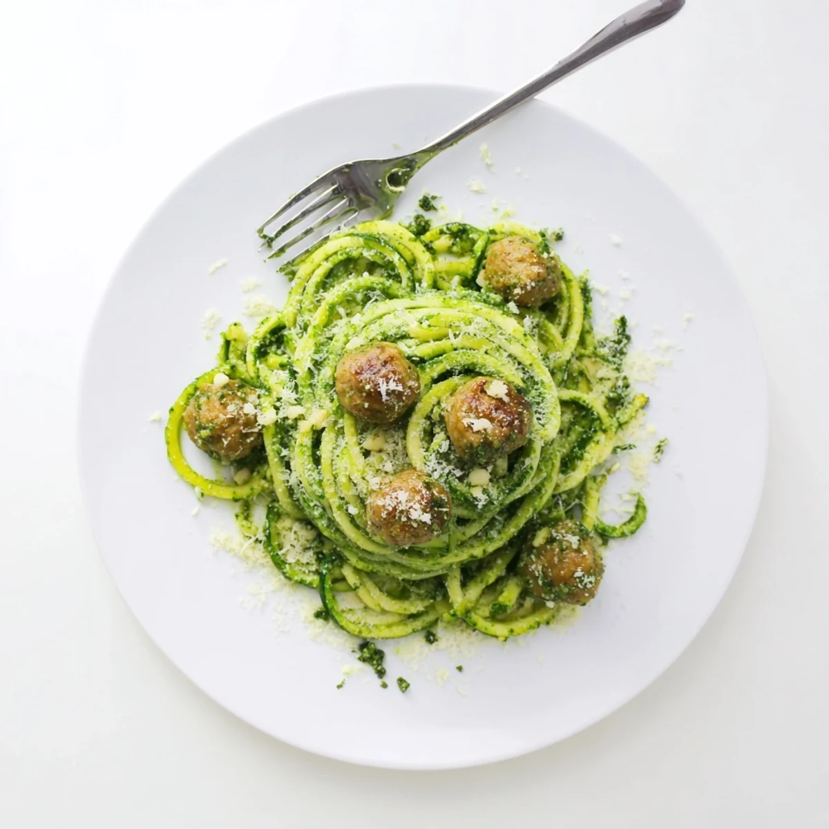 Golden brown turkey meatballs atop bright green pesto-coated zucchini noodles in a white bowl