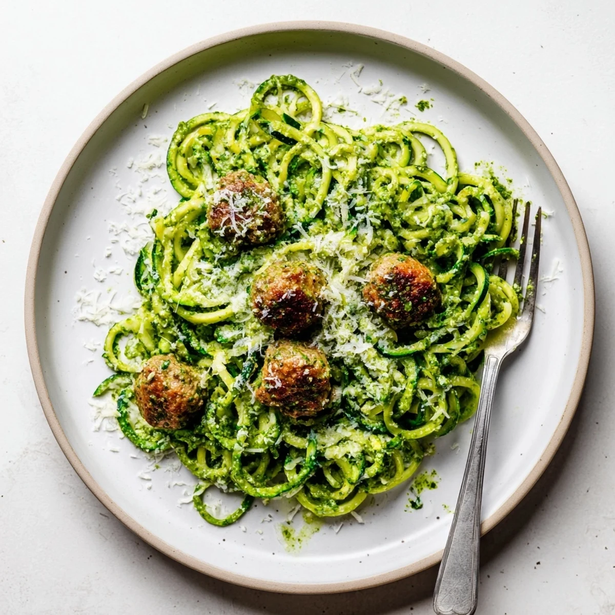 Healthy low-carb dinner featuring juicy turkey meatballs served over fresh zucchini noodles with homemade pesto