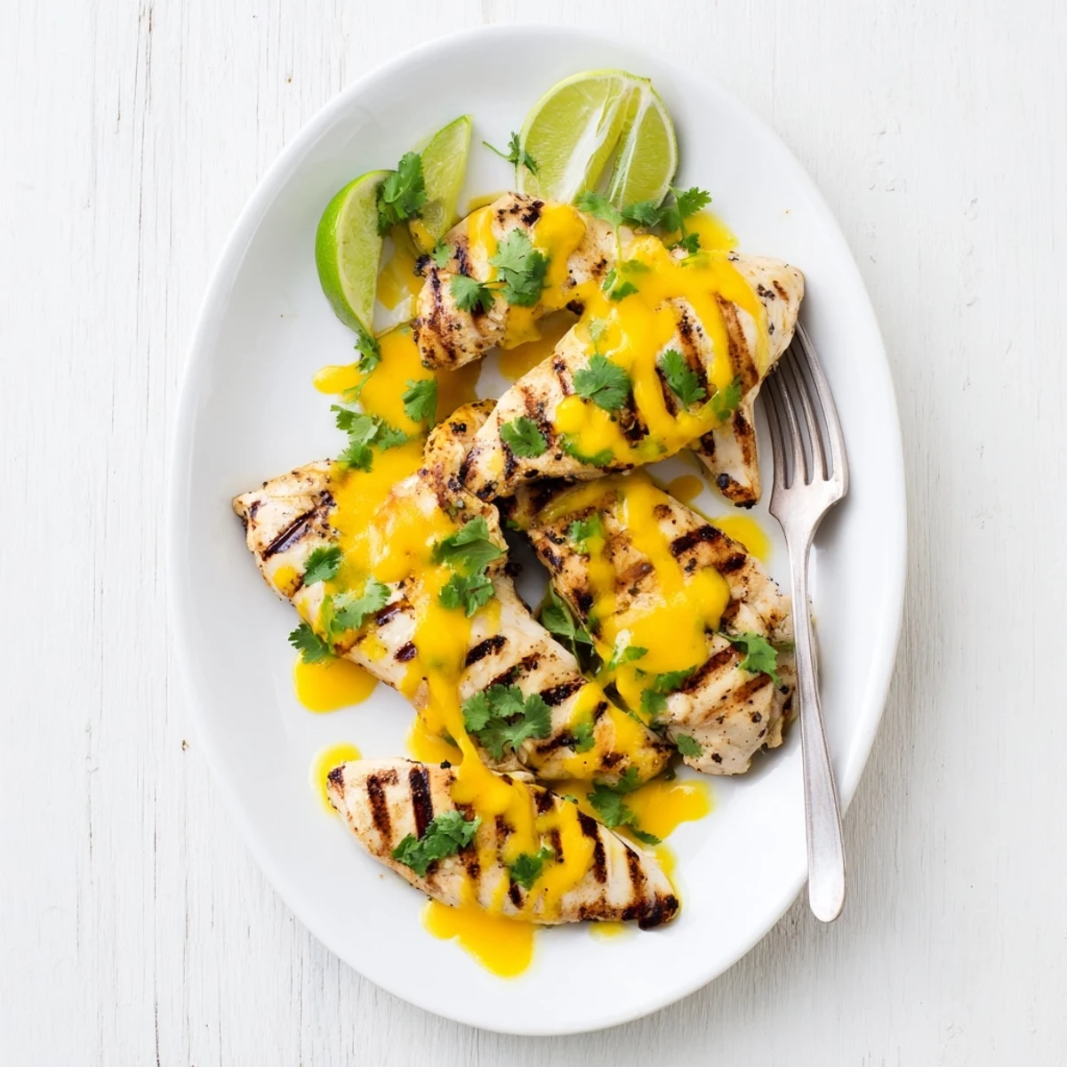 Golden grilled mango chicken breasts drizzled with zesty chili lime sauce and fresh cilantro garnish