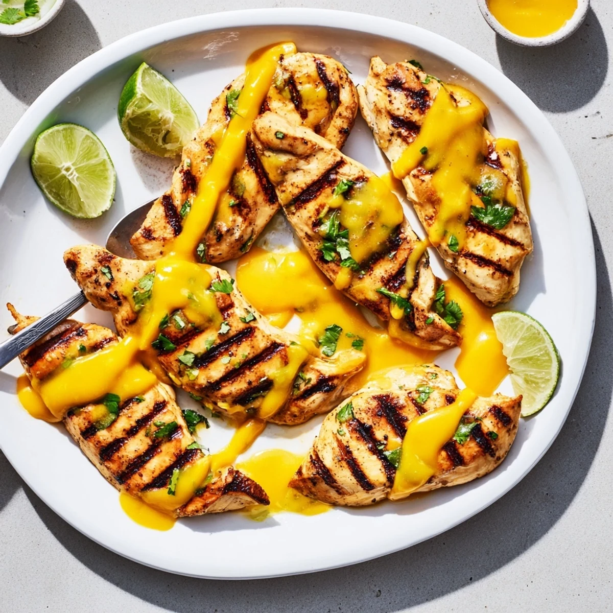 Tender grilled mango chicken topped with spicy lime drizzle on a white serving platter