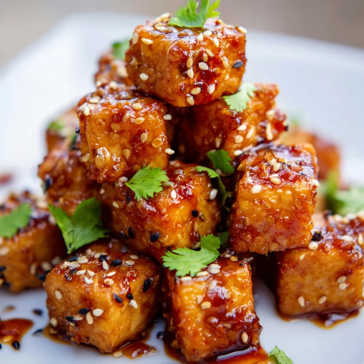Golden fried honey glazed spicy tofu arranged on a bed of vibrant shredded vegetable sesame slaw