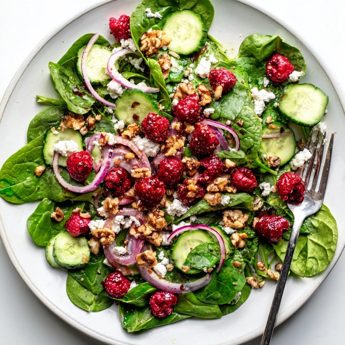 Colorful roasted raspberry and spinach salad features sweet glazed berries and crispy walnuts for a refreshing vegetarian meal