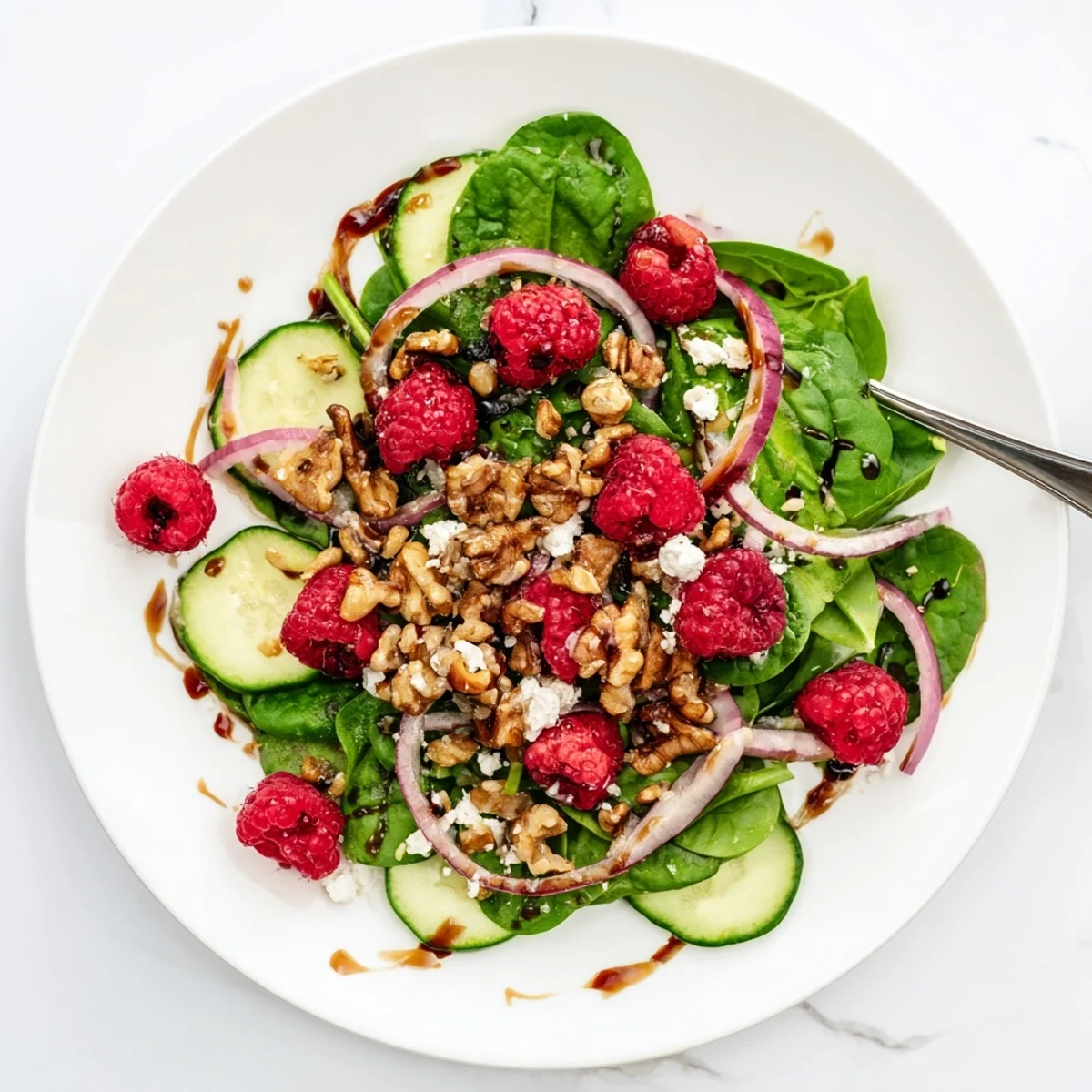 Fresh roasted raspberries and walnut crumble top a bed of baby spinach in this vibrant salad bowl