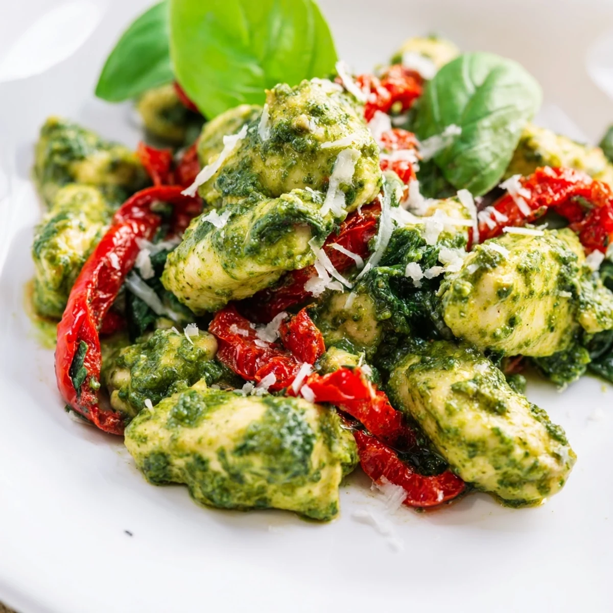 Golden brown turkey and vibrant red peppers tossed with green basil pesto in a skillet