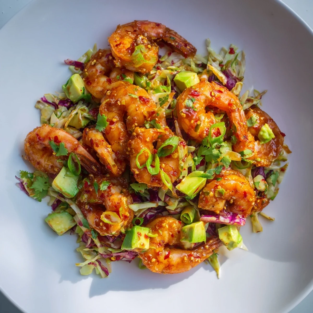 Juicy spicy garlic shrimp plated over colorful avocado cabbage slaw with fresh cilantro garnish