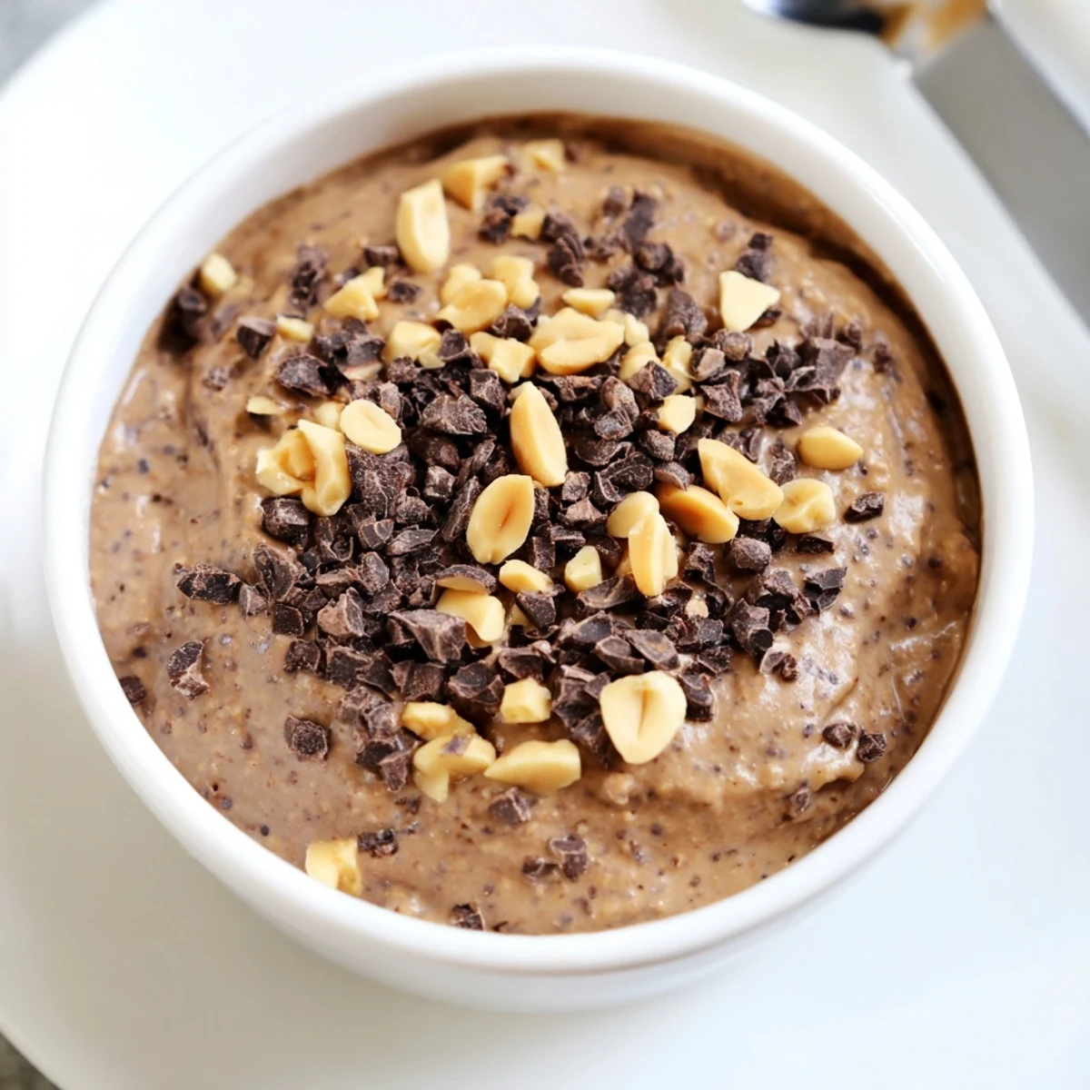 Creamy chocolate peanut protein chia whip dessert layered with fresh berries and chopped peanuts for a healthy protein-packed treat