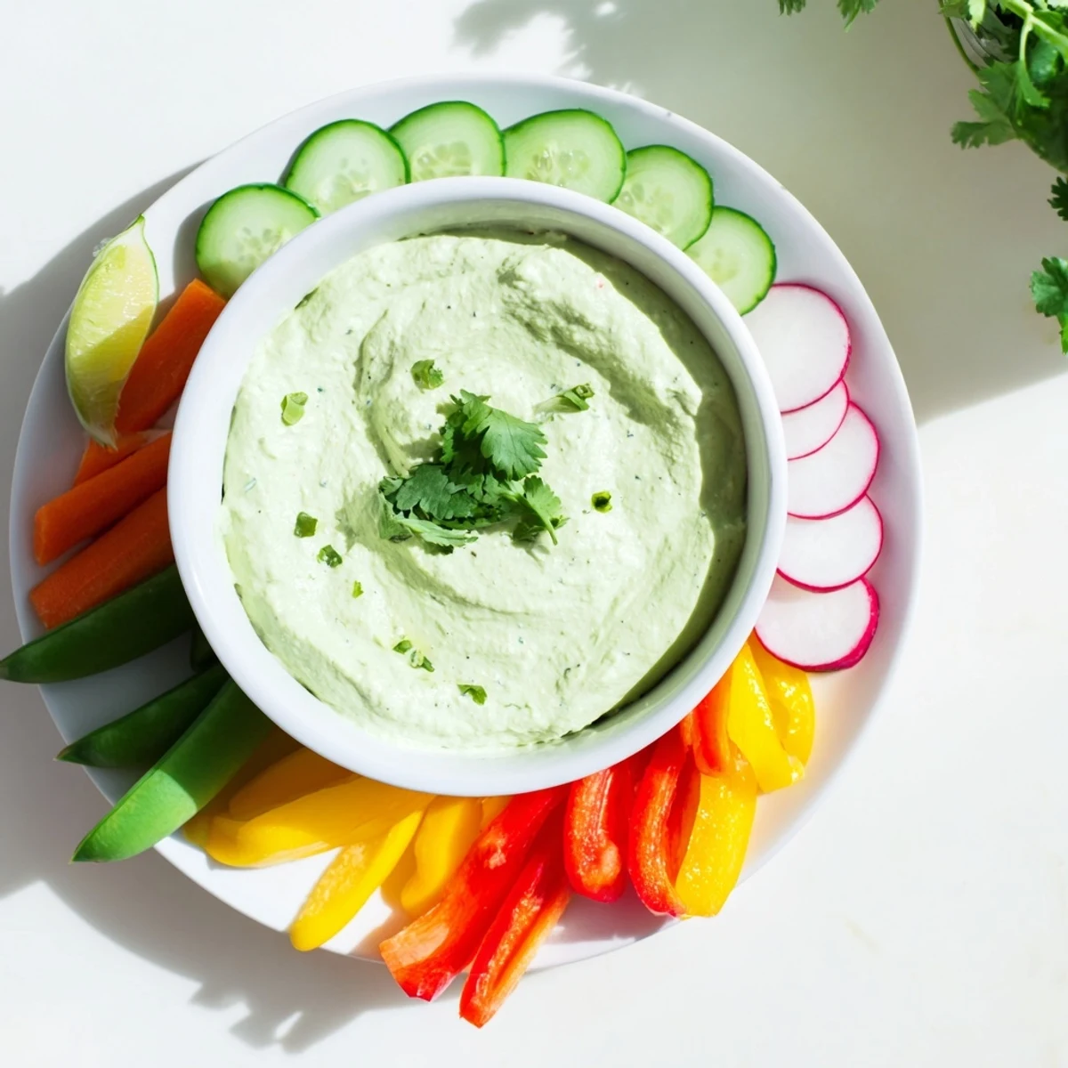 Vibrant vegetable platter featuring green avocado cottage cheese dip with crunchy bell pepper strips