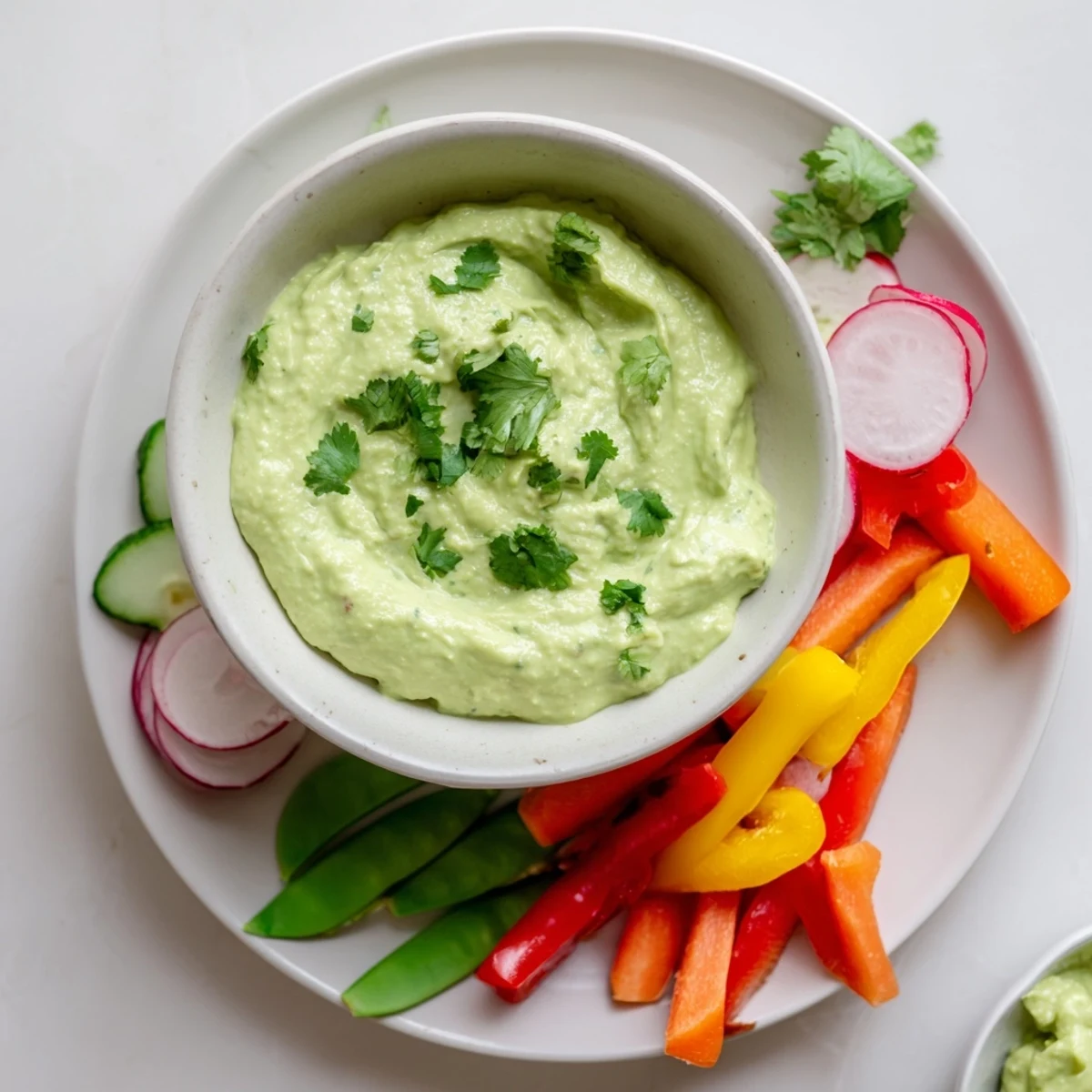 Smooth tangy avocado lime cottage cheese dip paired with colorful radishes and snap peas