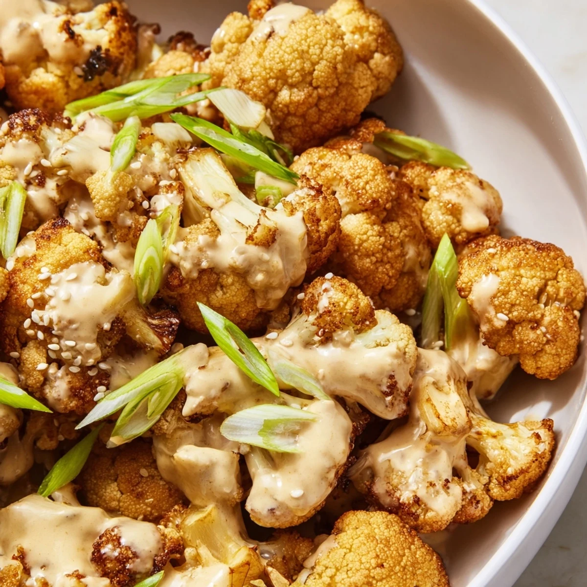 Close-up of tender cauliflower pieces drizzled with savory miso-tahini glaze and scattered green onions