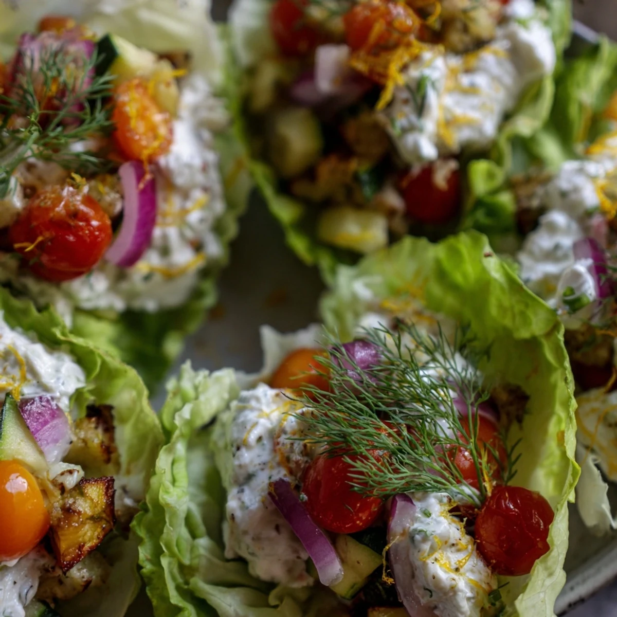 Crisp butter lettuce cups filled with creamy whipped feta and golden roasted zucchini