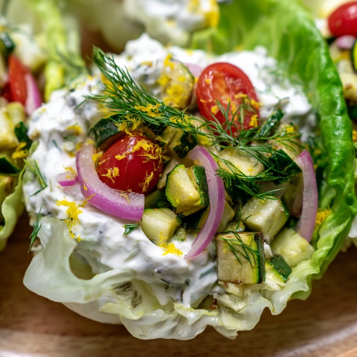 Vibrant lettuce cups layered with savory whipped feta and caramelized roasted zucchini garnished with herbs