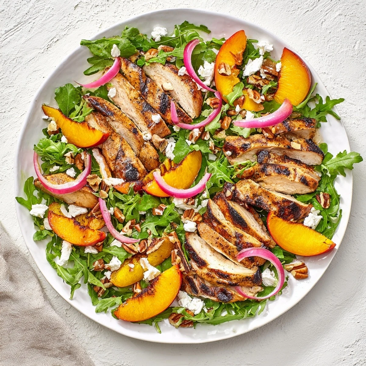 Golden grilled nectarine and arugula chicken salad drizzled with tangy honey-lime dressing