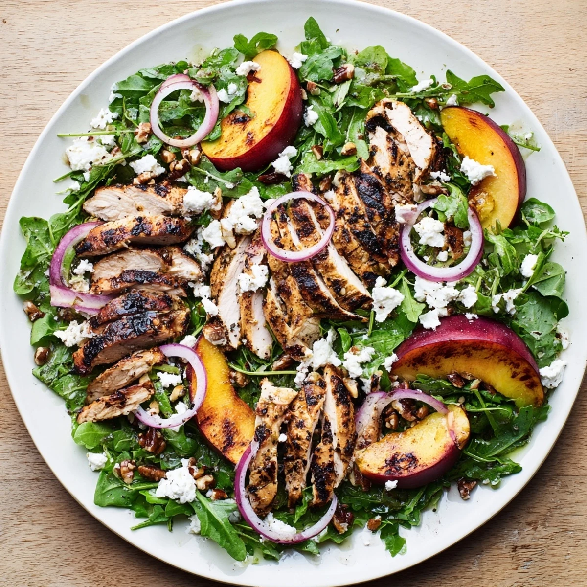 Sliced grilled chicken breast served with caramelized nectarines and fresh arugula on a white platter