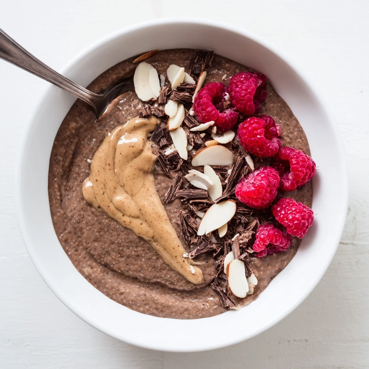 Creamy chocolate almond butter protein pudding topped with fresh berries and sliced almonds in glass jars