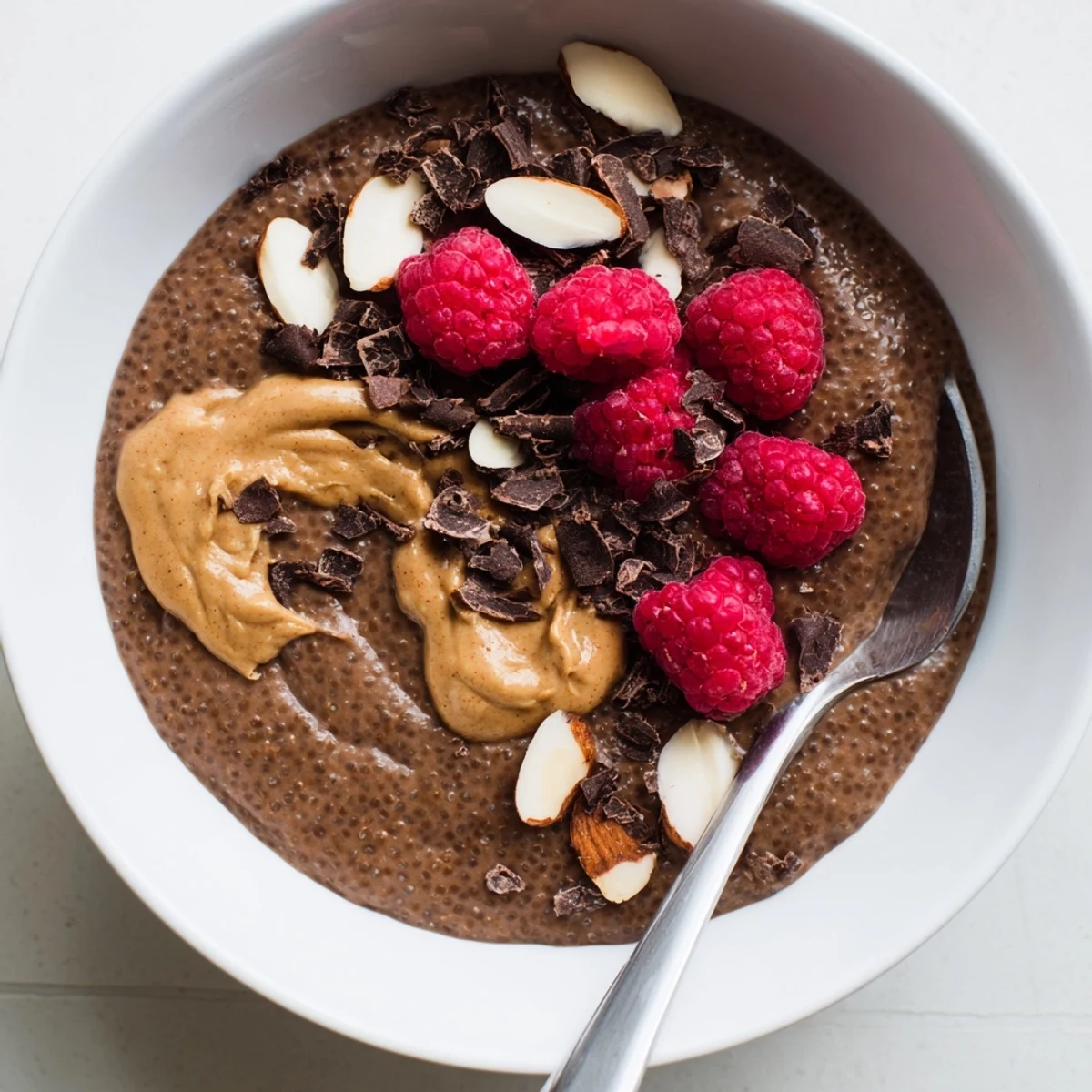 Rich dark chocolate protein pudding swirled with almond butter and garnished with shaved dark chocolate shavings