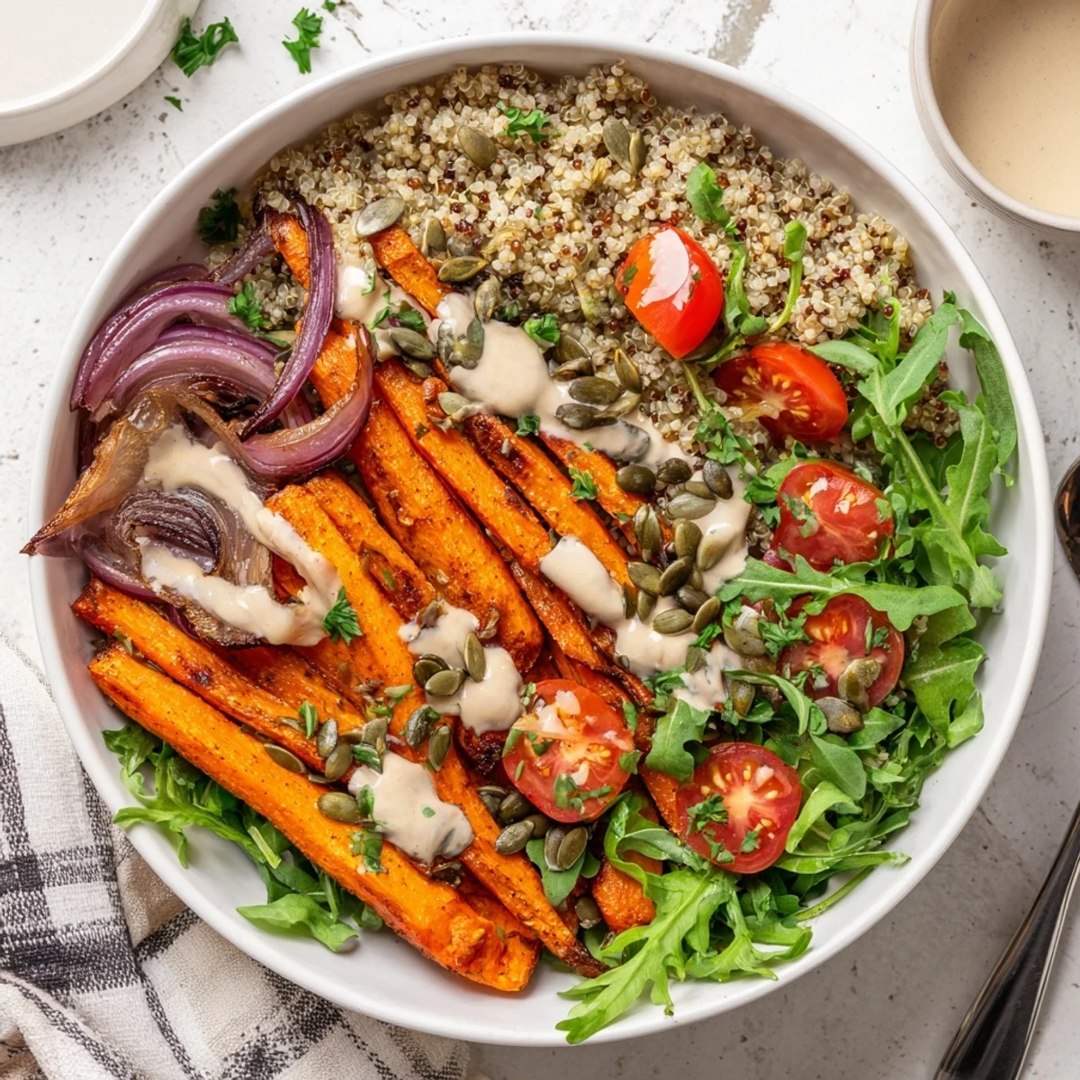 Caramelized roasted carrot bowl with creamy tahini sauce served over quinoa and arugula