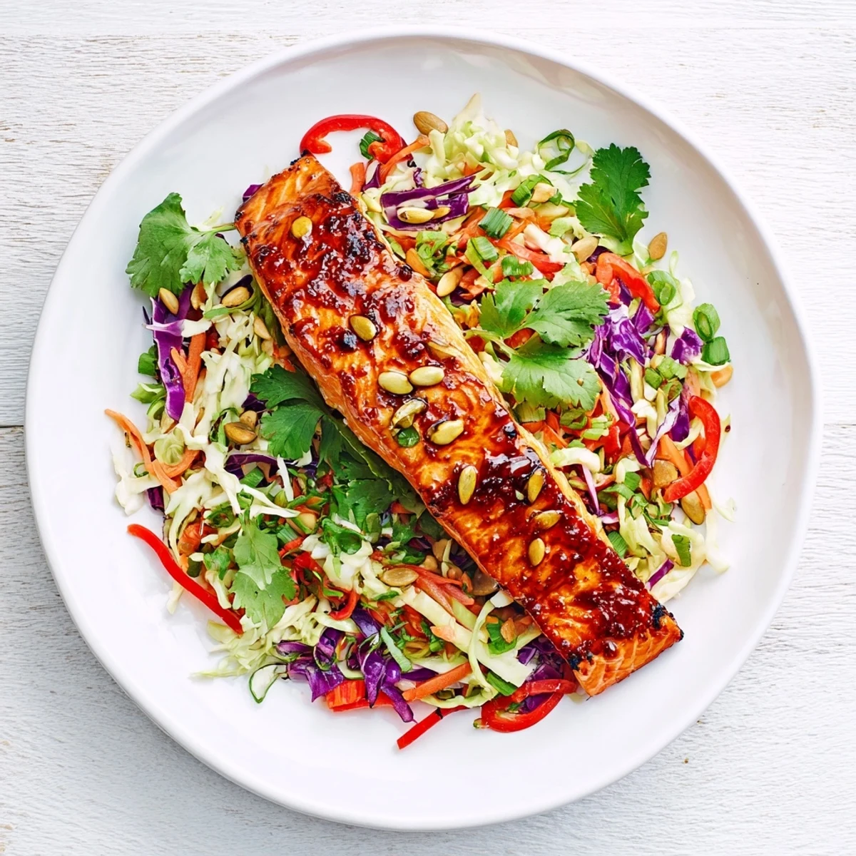 Spicy lime salmon fillets with caramelized edges resting on colorful purple and green cabbage slaw