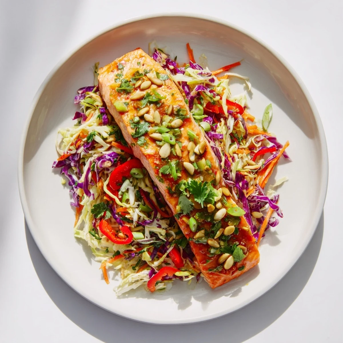 Plate of zesty salmon fillets atop tangy lime dressed cabbage crunch slaw with fresh cilantro