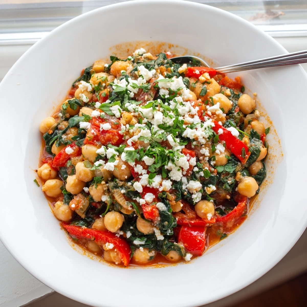 Golden Mediterranean chickpea and spinach skillet sizzling in a cast iron pan with vibrant red tomatoes