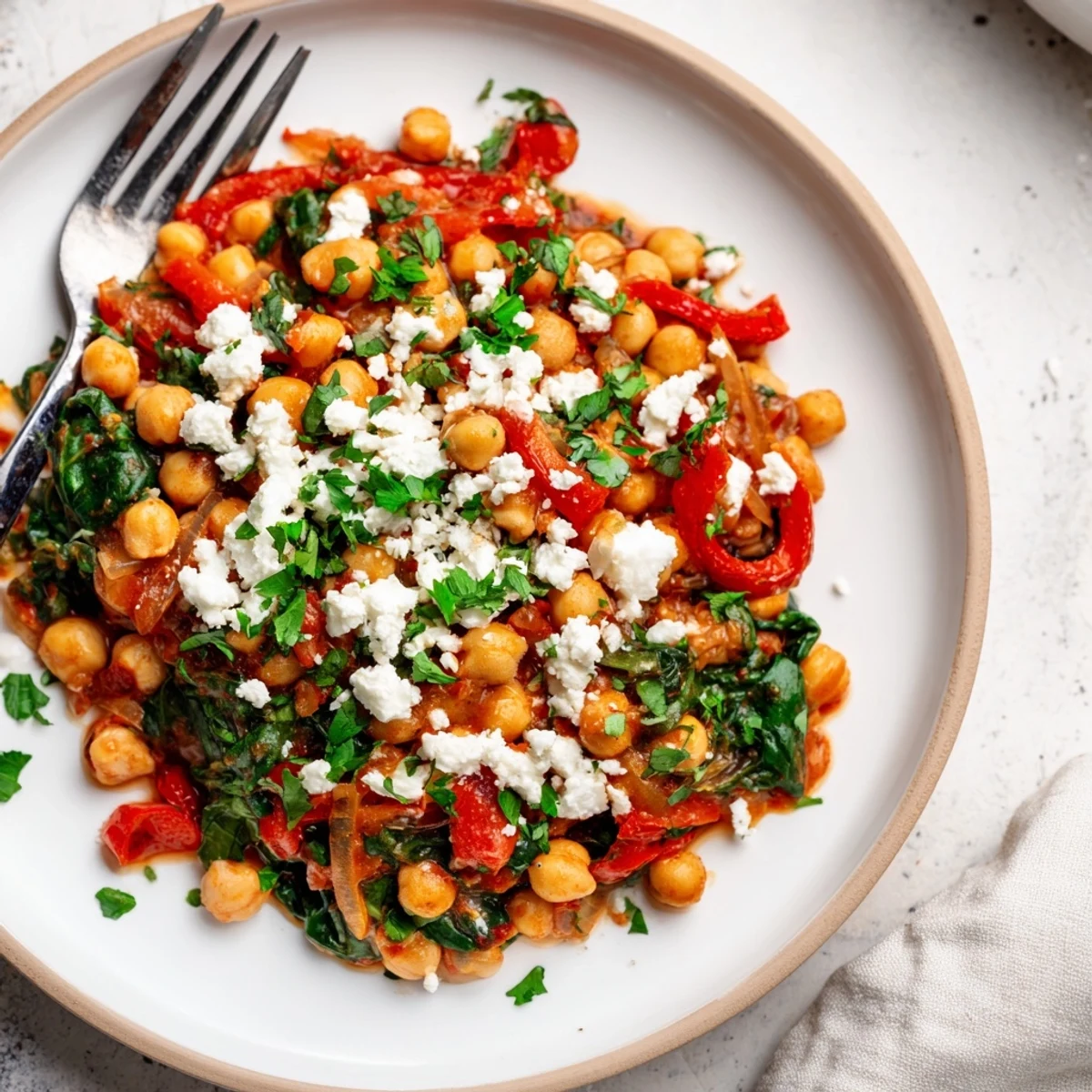 Hearty vegetarian chickpea and spinach skillet topped with fresh parsley and crumbled feta cheese