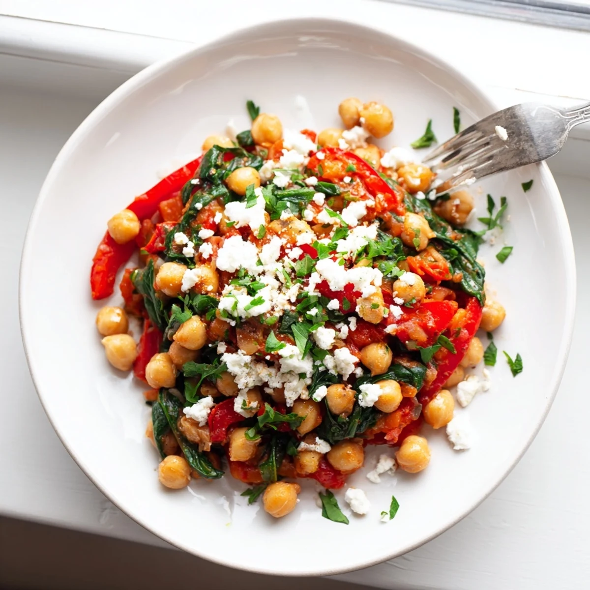 One-pan Mediterranean chickpea and spinach simmered with aromatic spices and tender wilted greens