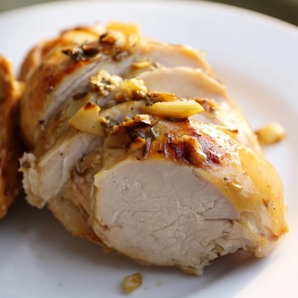 Golden garlic lemon chicken with roasted spring vegetables arranged on a rustic baking sheet