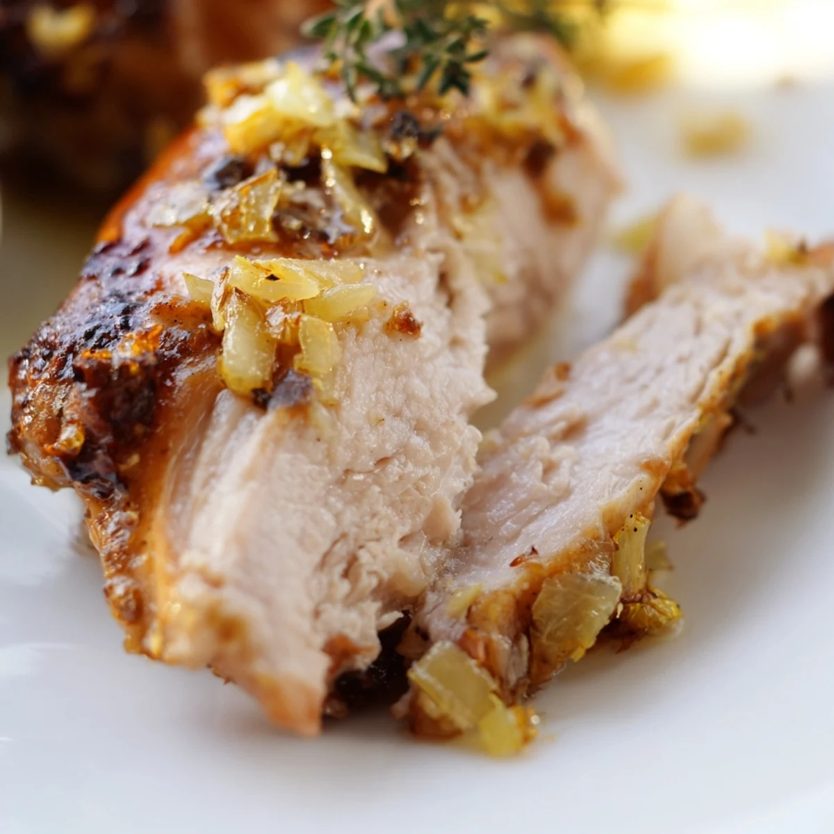 Tender marinated chicken breasts served beside colorful asparagus carrots and radishes on a white plate
