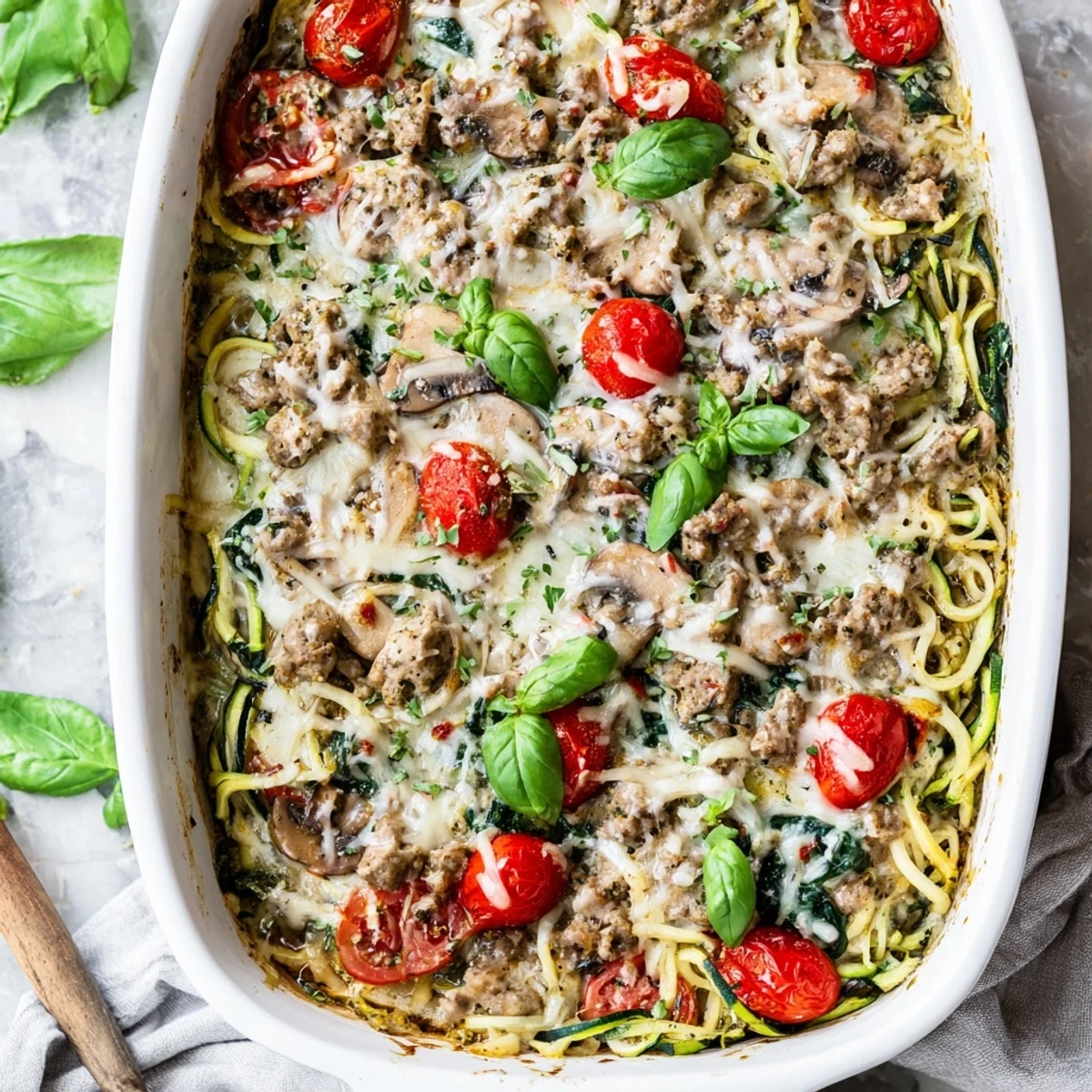 Creamy low carb pesto turkey and mushroom zoodle bake topped with browned cheese in a white casserole dish