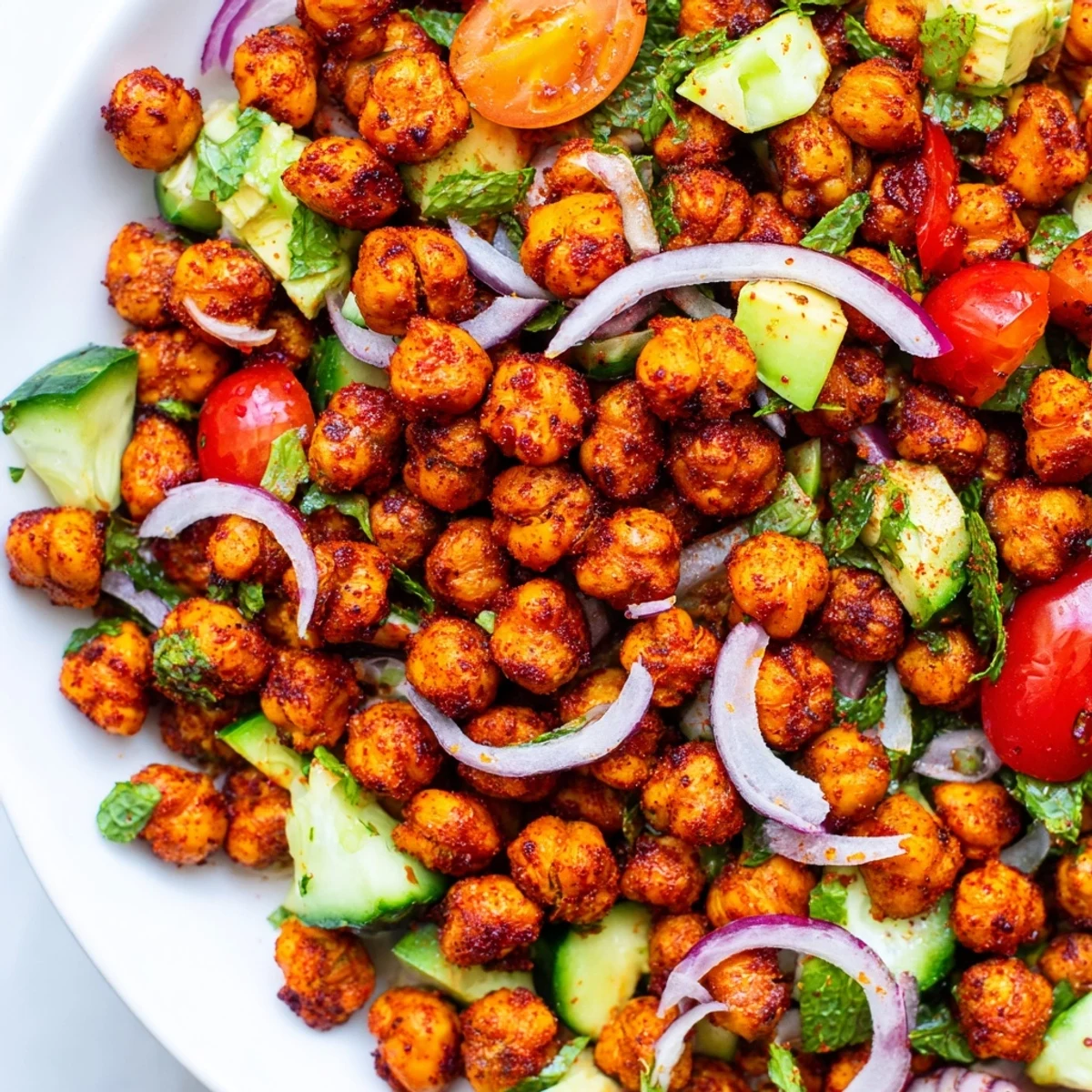Golden roasted chili crunch chickpeas scattered over a vibrant green avocado herb salad bowl