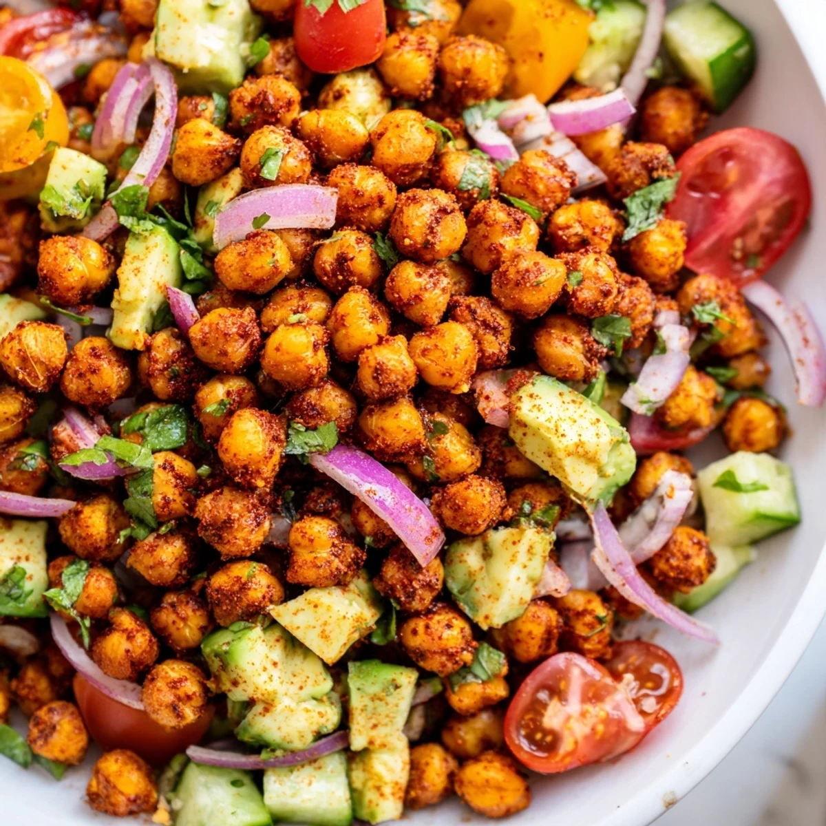 Crispy spiced chickpeas topping fresh diced avocados, tomatoes, cucumber, and fragrant herbs on a plate