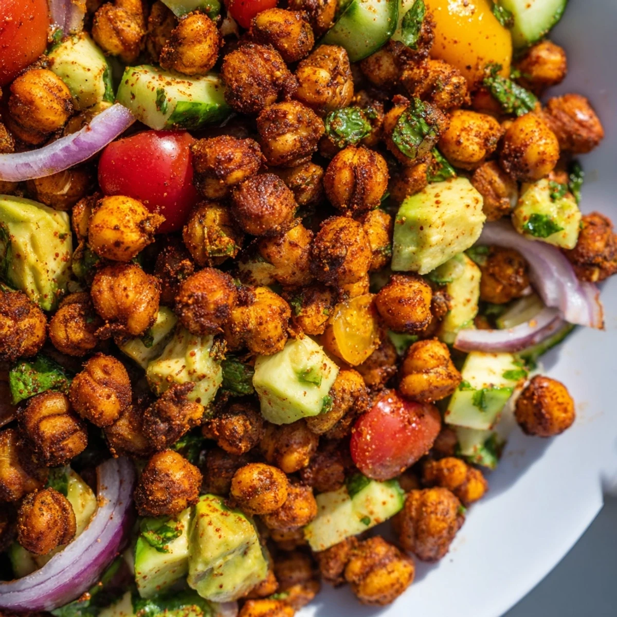 Protein-packed salad featuring warm crispy chickpeas paired with creamy avocado and fresh chopped herbs
