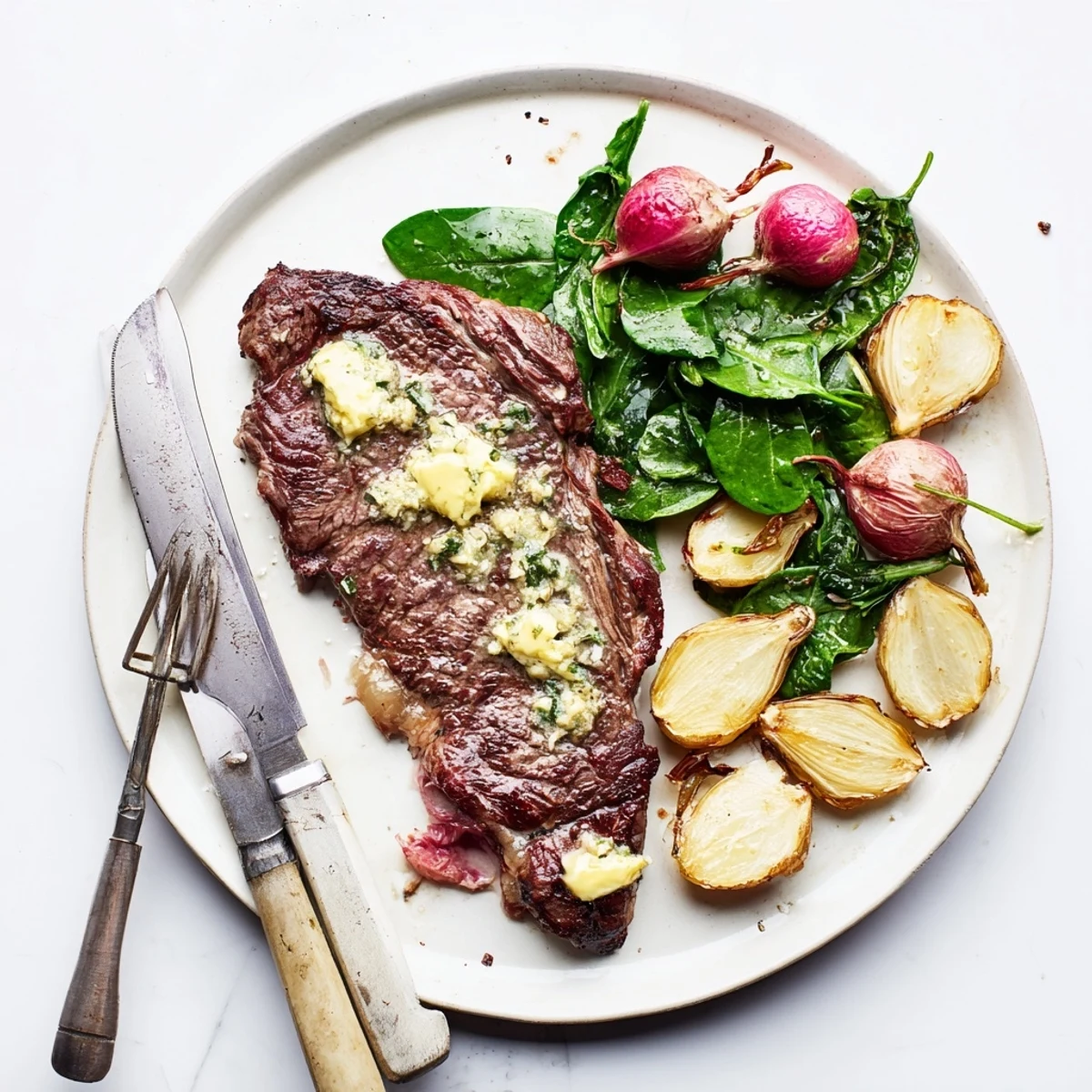 Pan-seared steak topped with melting garlic butter beside tender roasted radishes and fresh sautéed greens