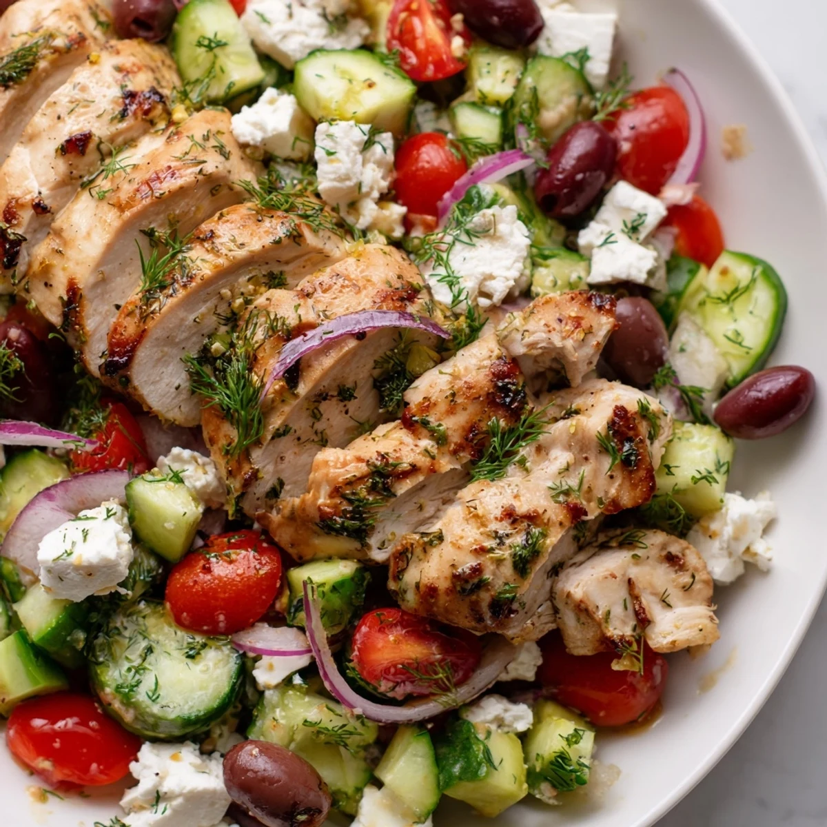 Golden grilled Mediterranean herb chicken sliced atop a vibrant cucumber and Kalamata olive salad with feta
